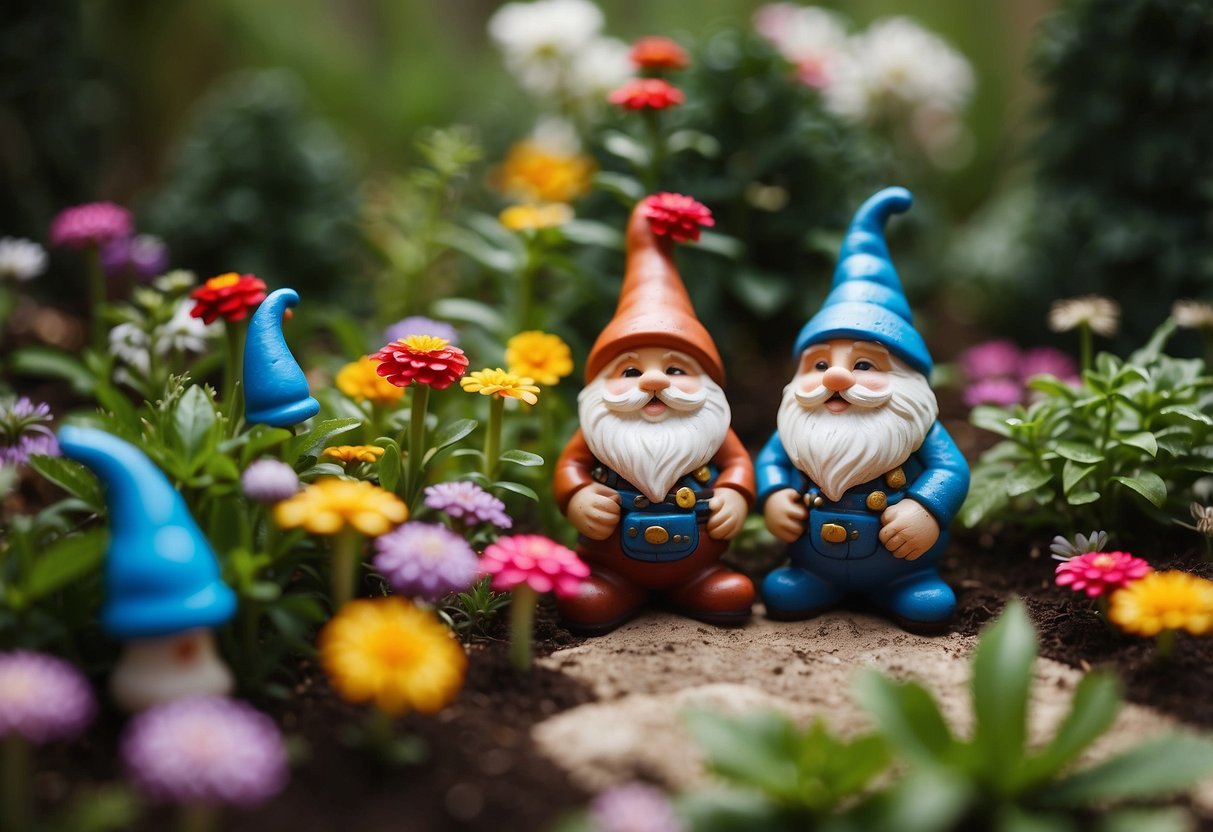 Colorful garden gnomes tend to vibrant flowers and whimsical decorations in a lively garden setting