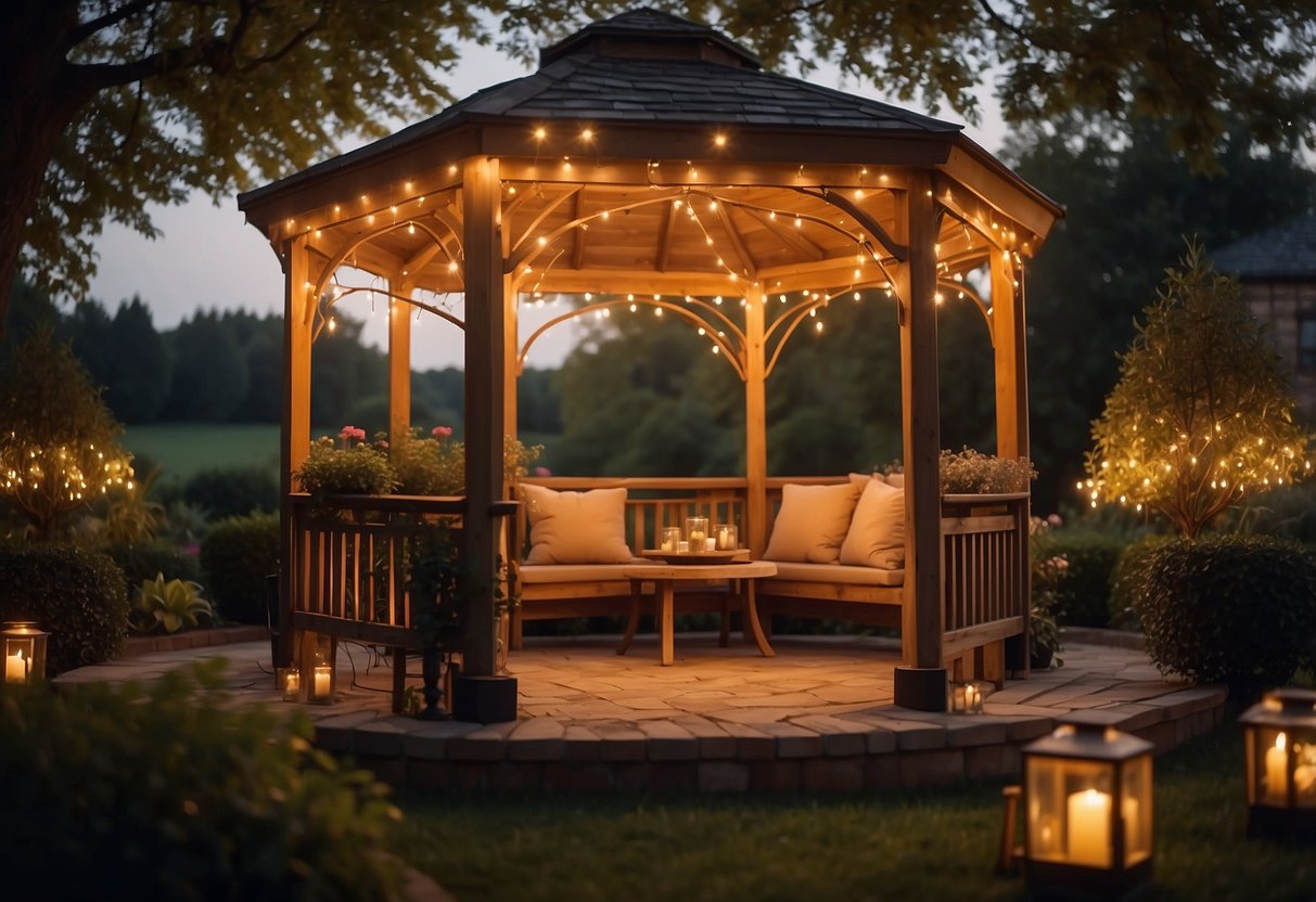 A garden gazebo adorned with romantic string lights, casting a warm and inviting glow, creating a cozy and intimate atmosphere