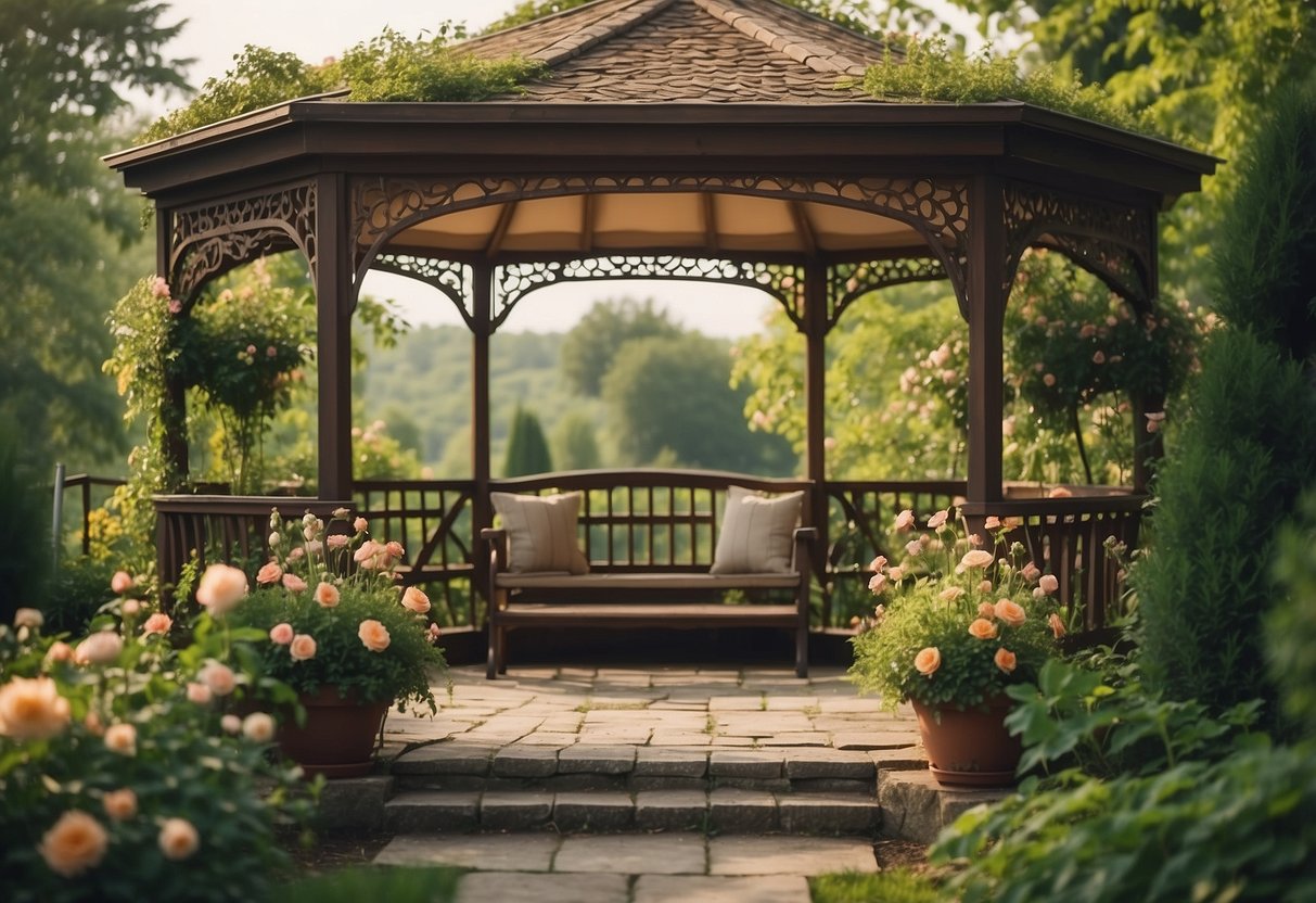 A charming gazebo with a trellis-covered roof surrounded by blooming flowers and lush greenery