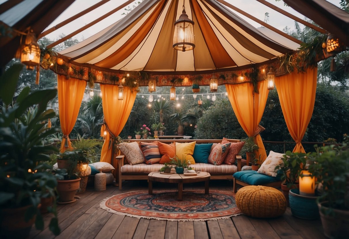 A colorful boho-style tent nestled in a lush garden gazebo, adorned with vibrant fabrics, hanging lanterns, and cozy floor cushions