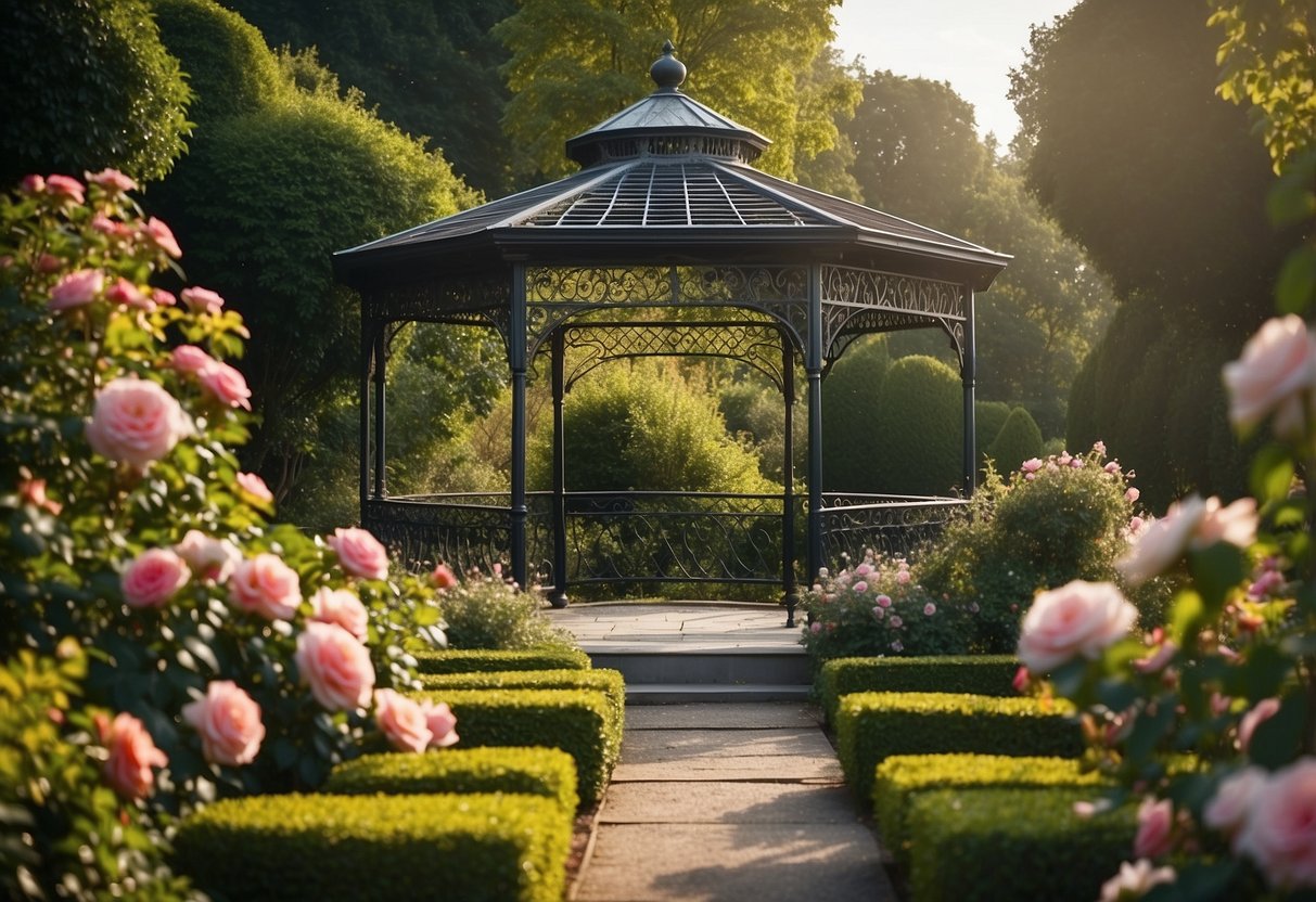 A Victorian-style gazebo stands in a lush garden with climbing roses and ornate ironwork, surrounded by manicured hedges and colorful flowers