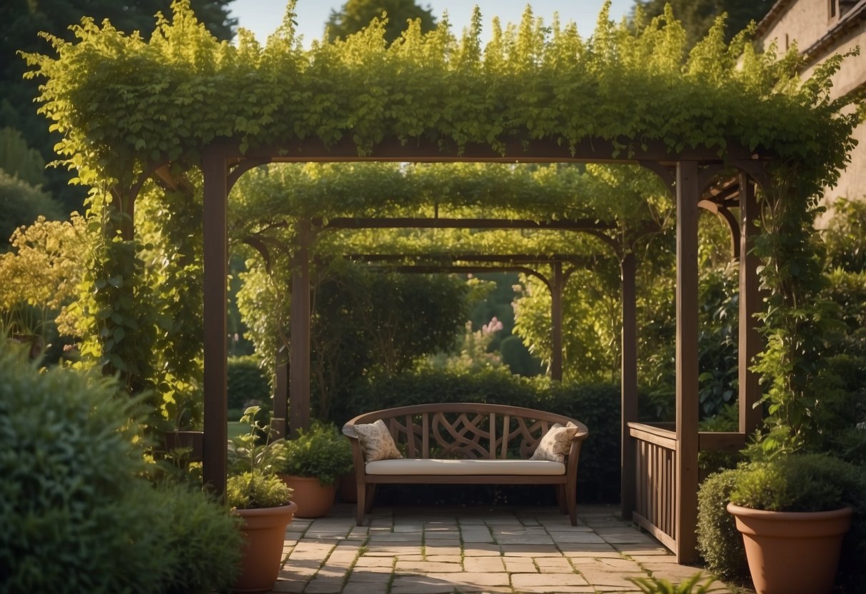 A lush climbing plant envelops a pergola in a serene garden, creating a cozy and inviting gazebo