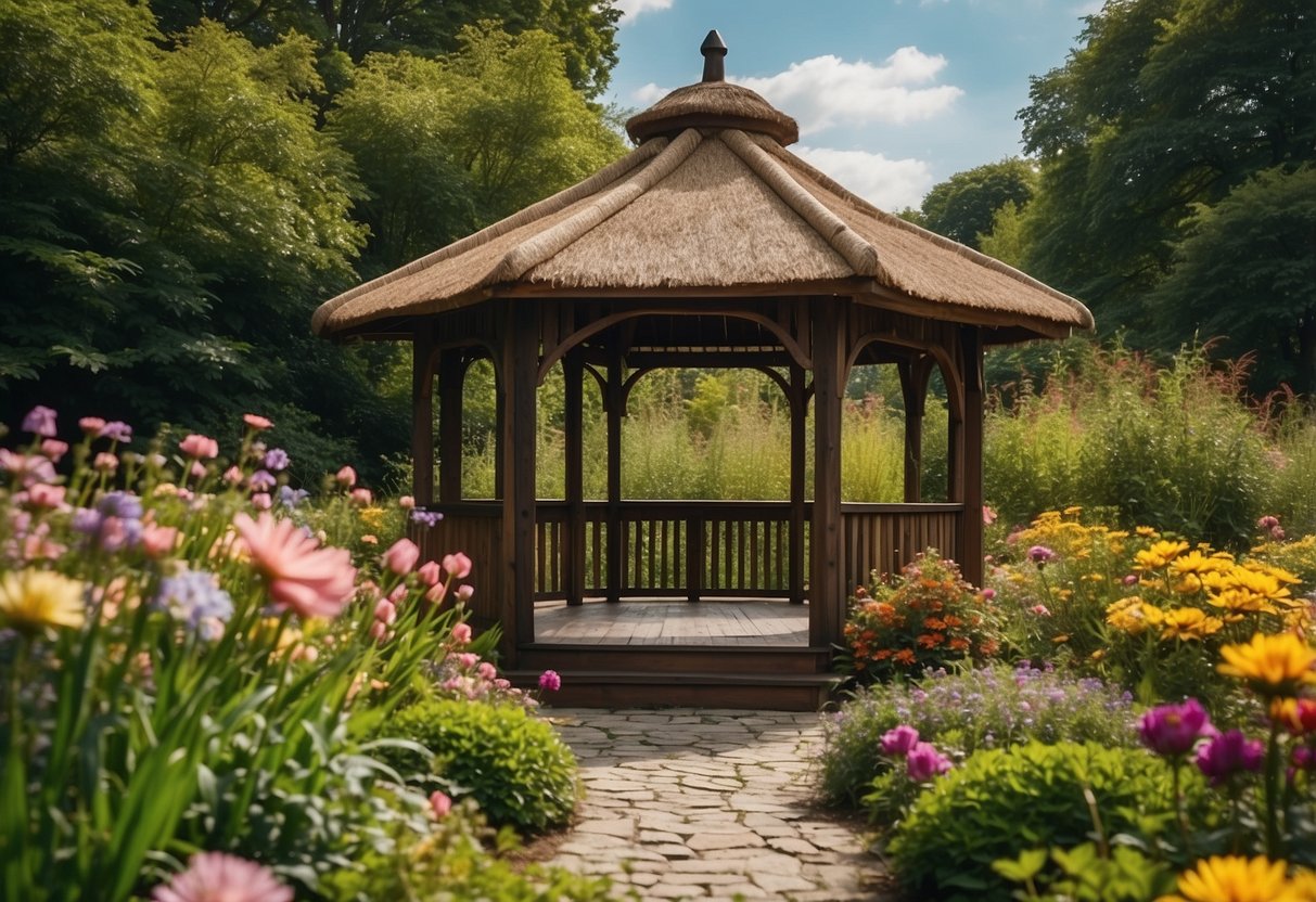 A garden gazebo with a wooden frame and a thatched roof surrounded by lush greenery and colorful flowers