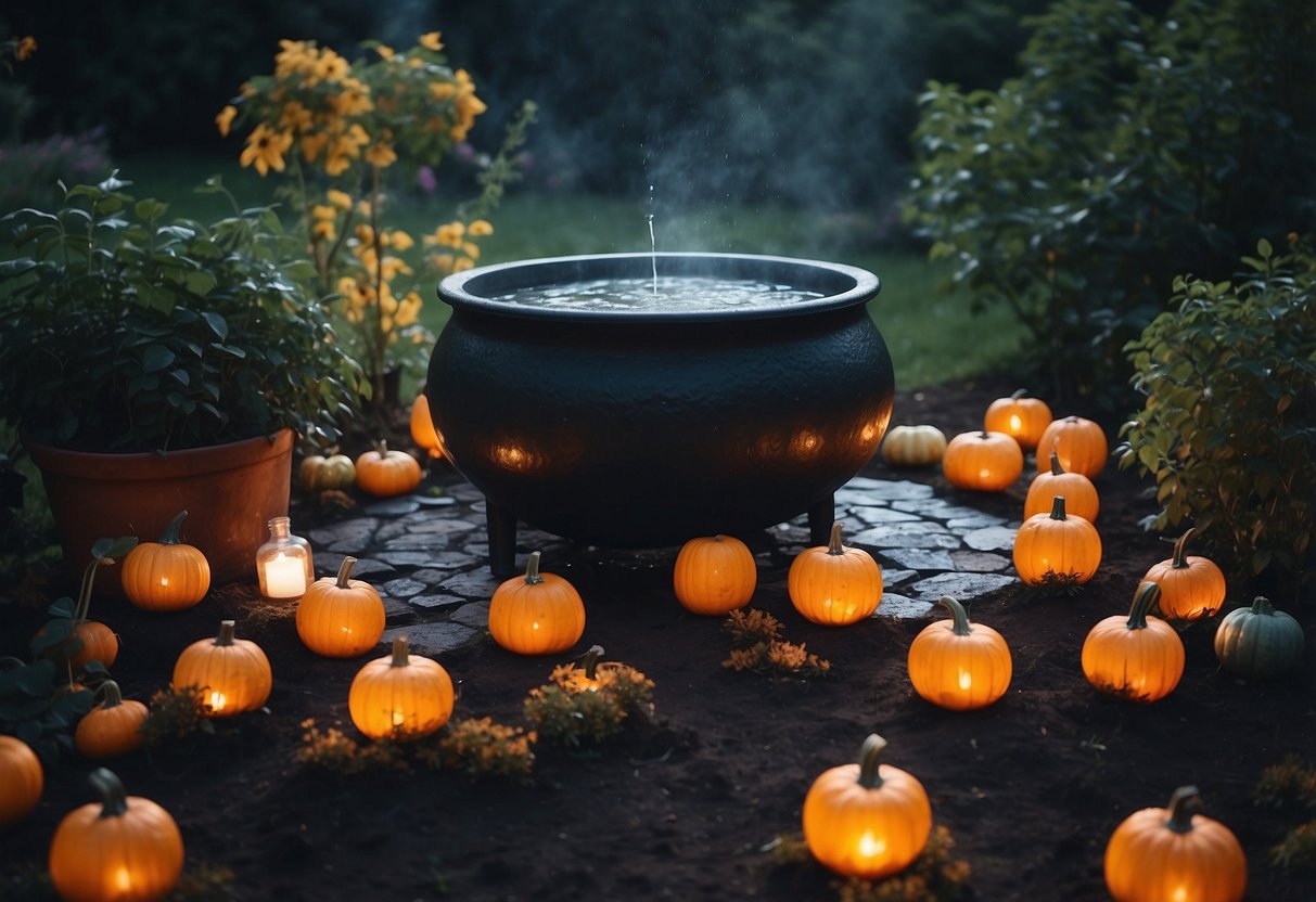 A bubbling cauldron fountain surrounded by eerie plants and glowing pumpkins in a moonlit garden