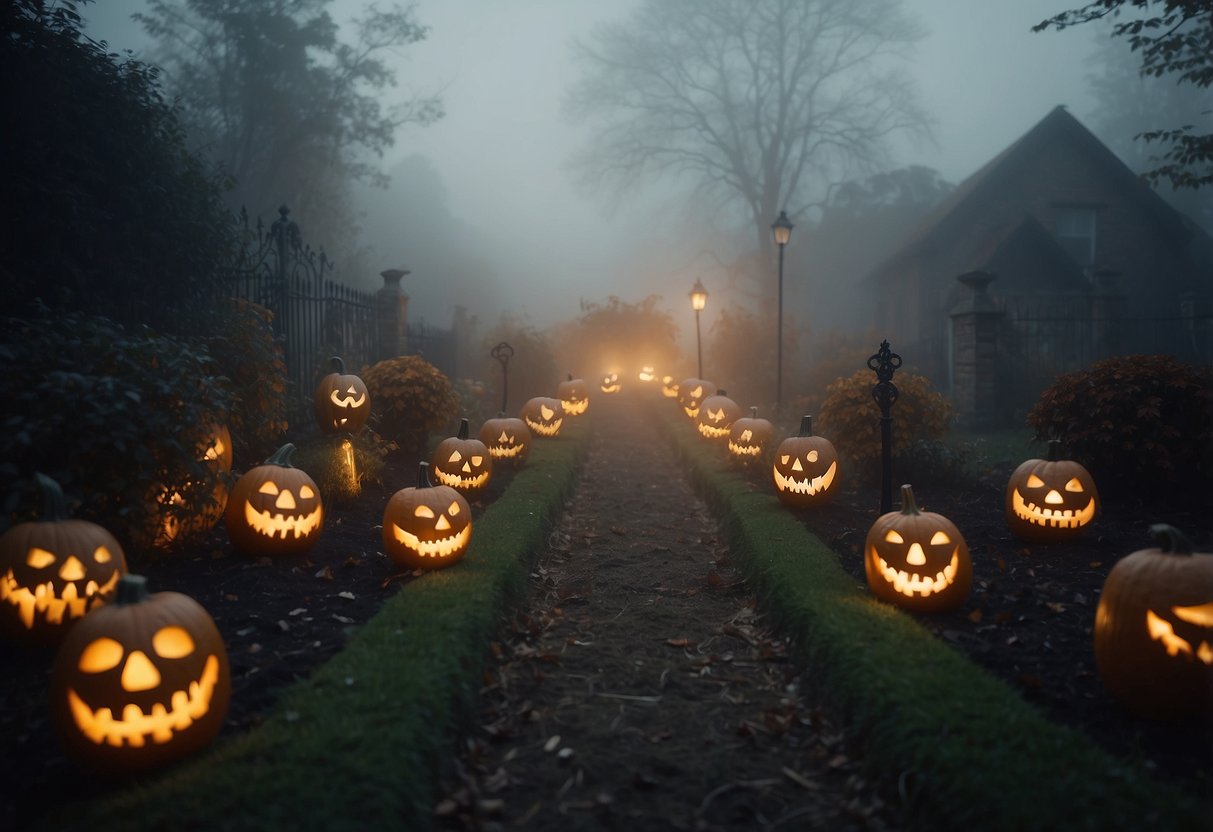 A spooky garden with skeleton lawn stakes, surrounded by eerie fog and dimly lit jack-o-lanterns