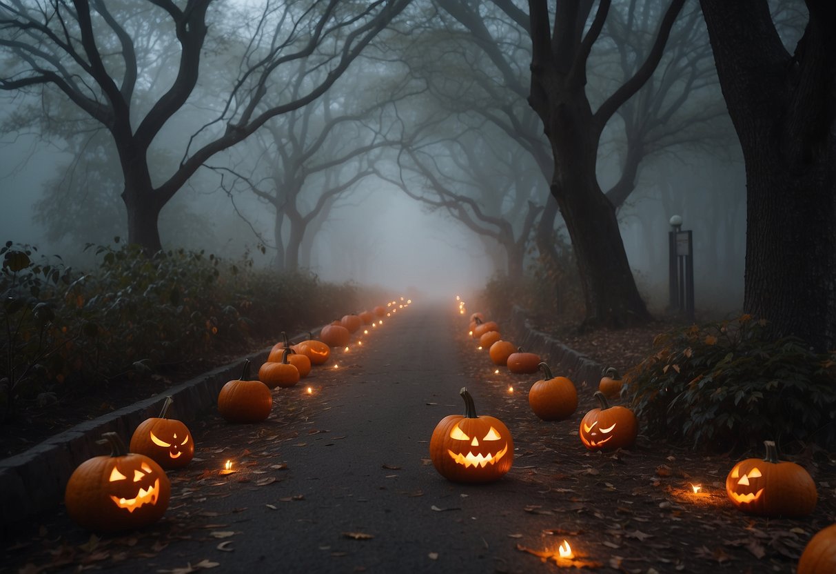 Glowing pumpkins line the path as spiders crawl on eerie webs among twisted trees and fog