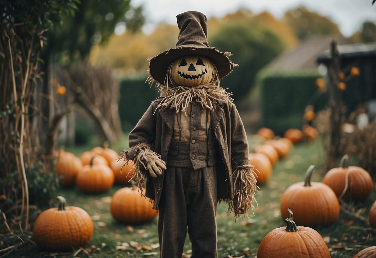 A scarecrow with tattered clothes stands in a spooky garden, surrounded by pumpkins and cobwebs