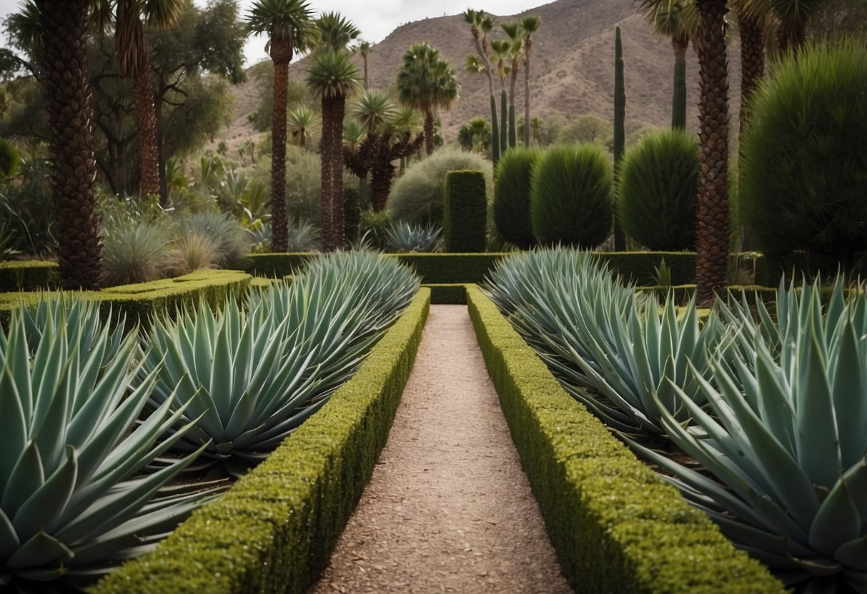 A garden filled with Agave Americana plants in various sizes and shades of green, arranged in a symmetrical pattern with gravel pathways weaving through them