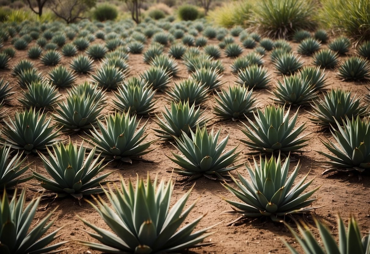 A lush garden filled with rows of mature Agave Tequilana plants, their long, spiky leaves reaching towards the sky. The vibrant green color of the plants contrasts with the dry, sandy soil beneath them