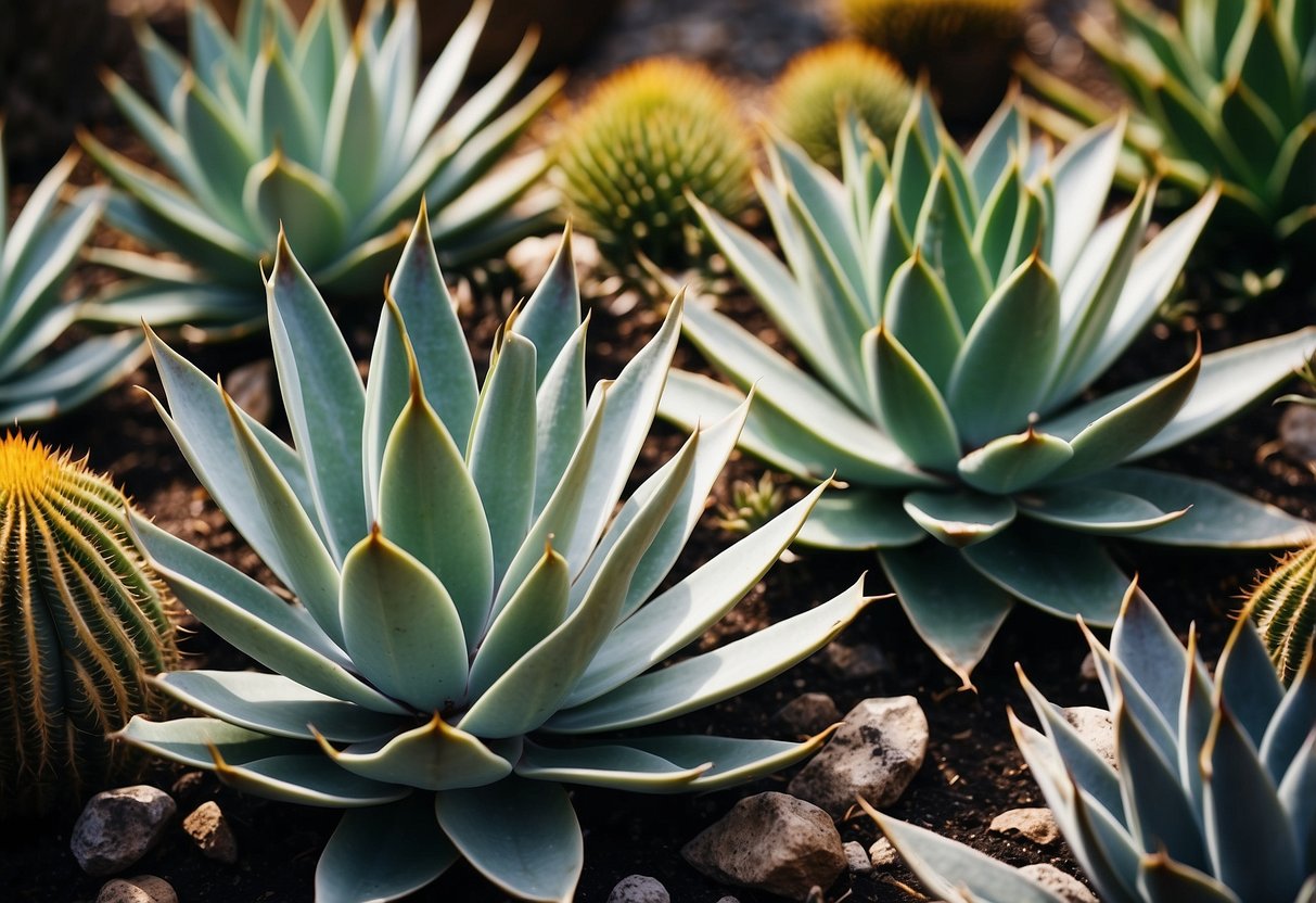 A vibrant garden filled with variegated Agave plants in various sizes and shapes, surrounded by colorful succulents and rocks