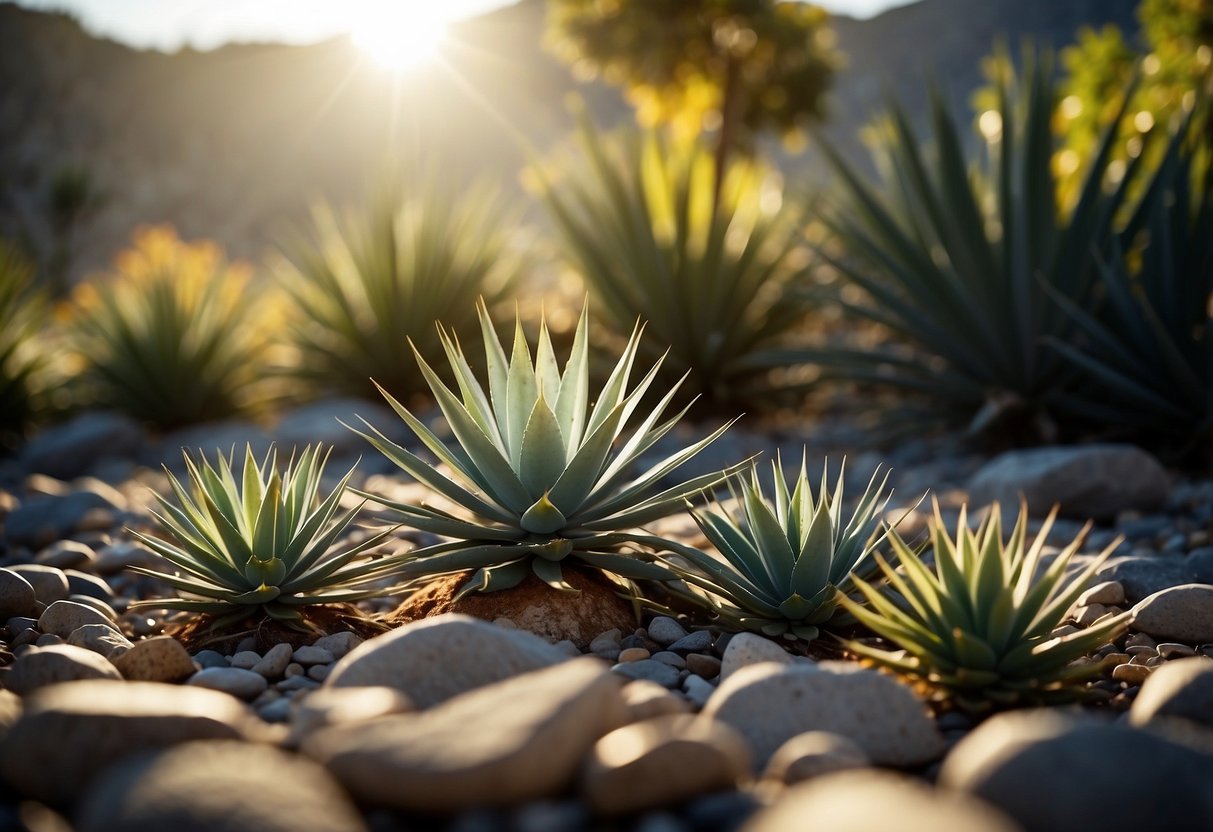 A garden filled with tall, spiky Agave Ferox plants, surrounded by rocks and gravel, with the sun casting dramatic shadows on the leaves