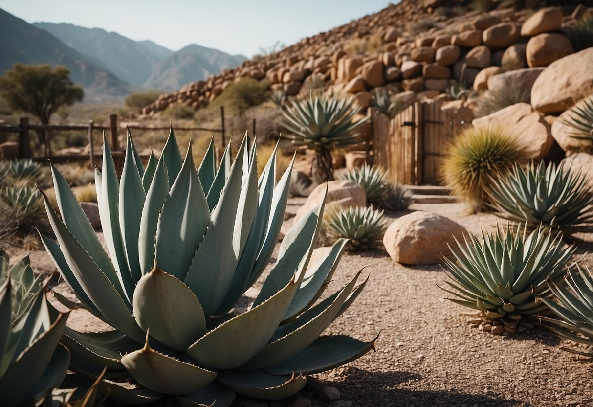 An agave plant garden with various species arranged in a symmetrical pattern, surrounded by gravel and large rocks. The garden is bordered by a low adobe wall and a rustic wooden gate