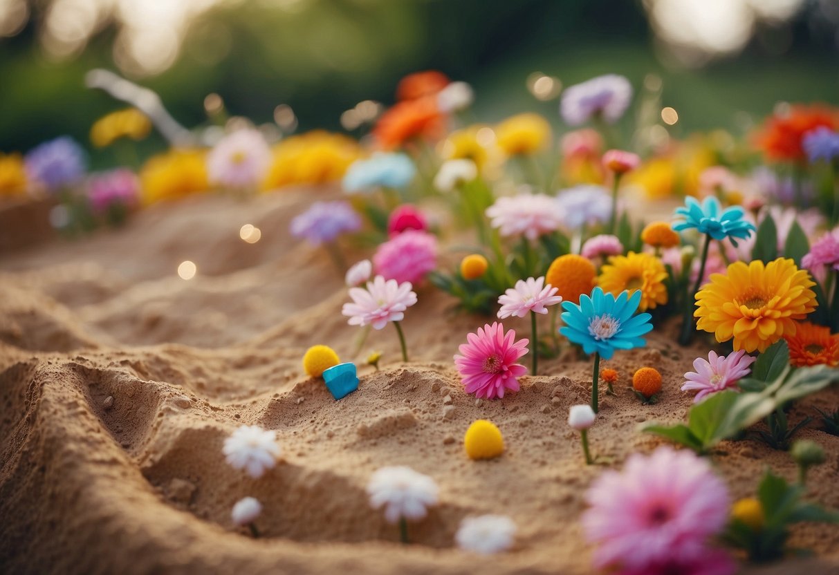 A colorful sandbox with textured surfaces, scented flowers, and wind chimes for toddlers to explore