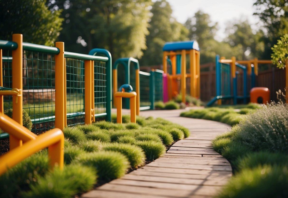 A fenced garden with soft grass, rubber flooring, and low climbing structures. Brightly colored play equipment and sensory gardens line the edges