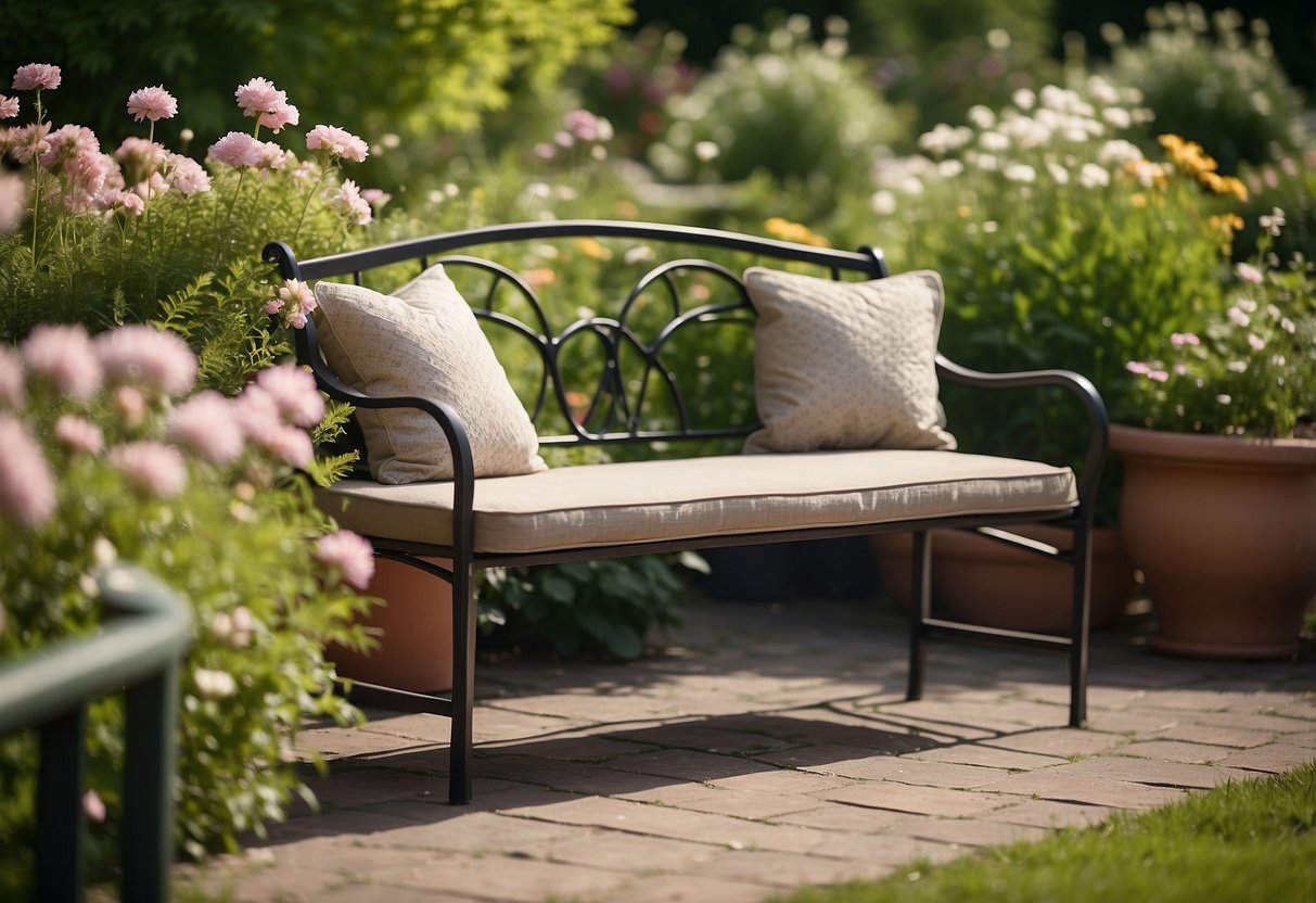 A metal garden bench with plush cushions sits in a lush garden, surrounded by blooming flowers and greenery