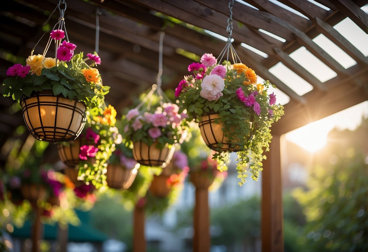 Colorful flower baskets hang from a wooden pergola in a lush garden setting. Sunlight filters through the leaves, casting a warm glow on the vibrant blooms