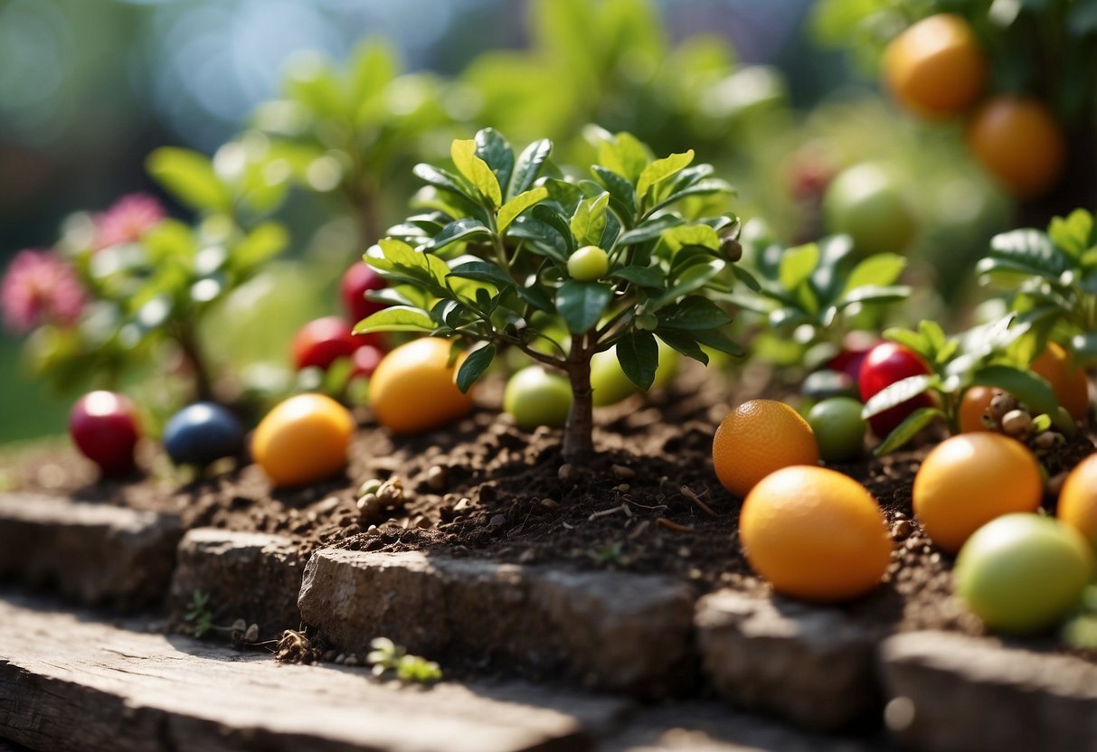 Miniature fruit trees arranged in a small garden, with colorful fruits and lush foliage. Surrounding plants and decor complement the scene