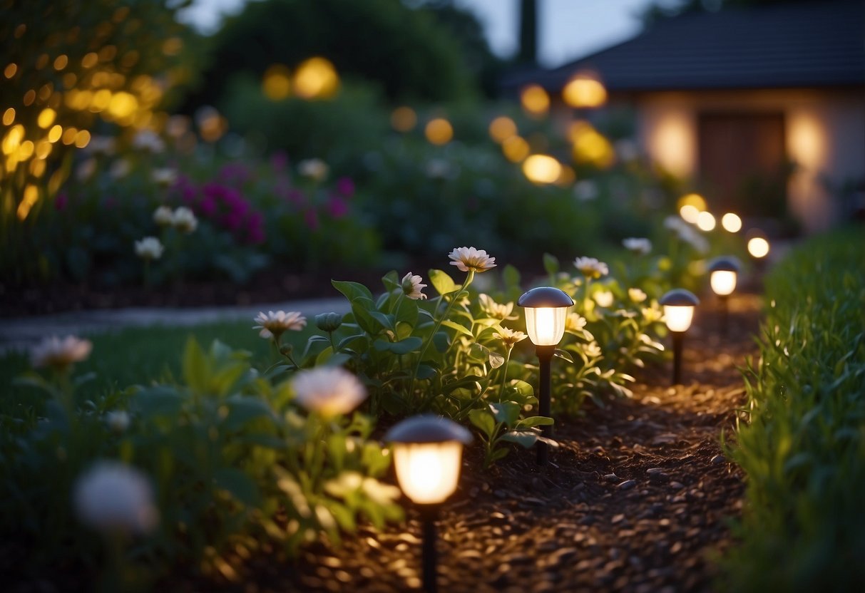 A garden filled with solar-powered lights illuminating the pathway, casting a warm and inviting glow on the surrounding plants and flowers