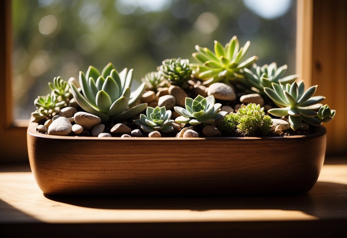 A variety of succulents, rocks, and decorative sand arranged in a wooden planter. Sunlight streams through a nearby window, casting shadows on the arrangement