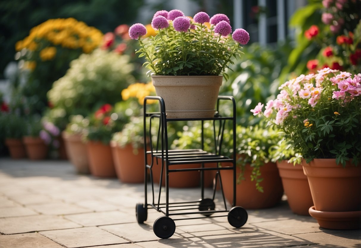 A rolling plant stand holds various potted plants in a garden, surrounded by colorful flowers and lush greenery