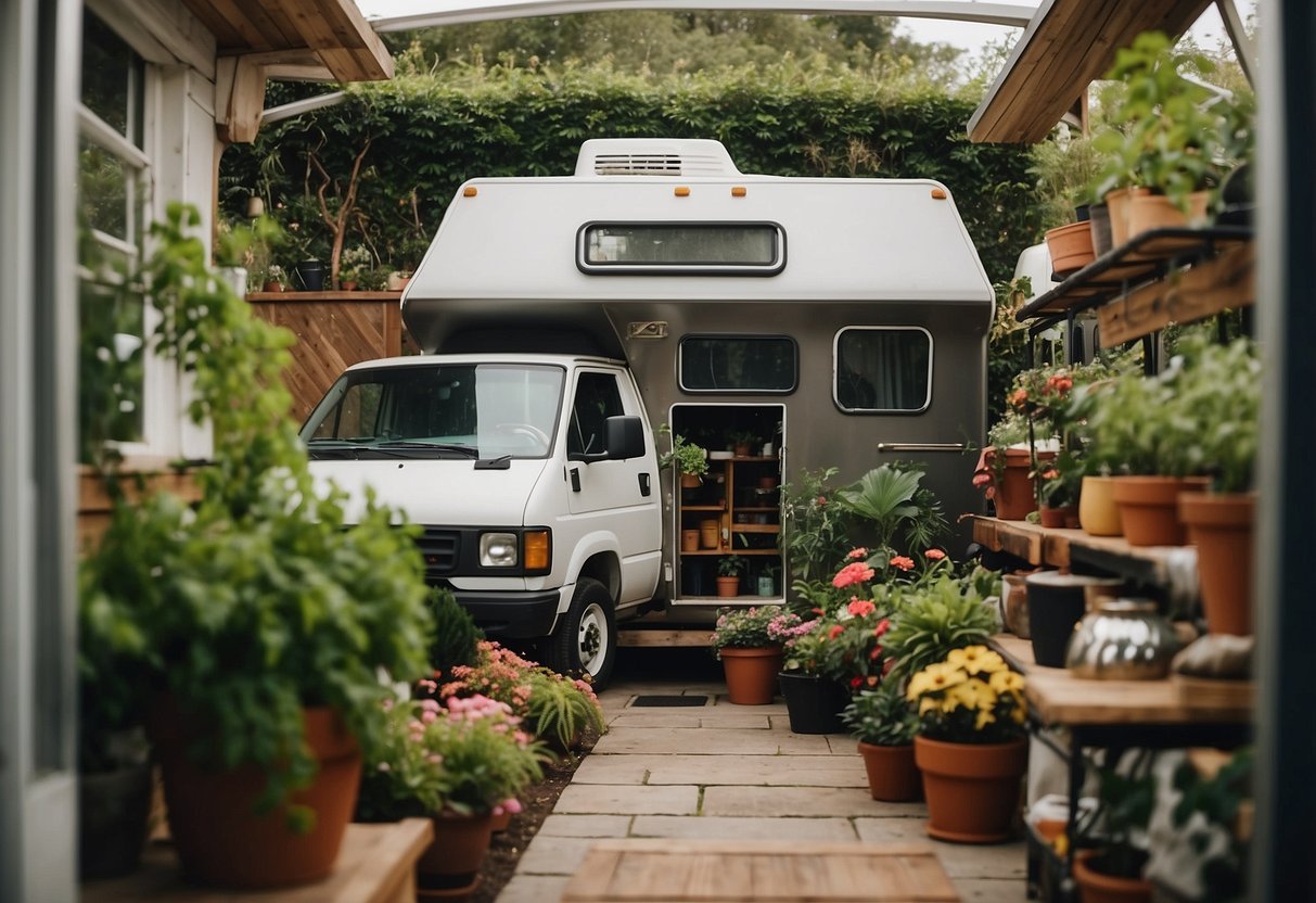 A well-kept RV surrounded by potted plants and a small garden, with tools and supplies neatly organized in a designated storage area