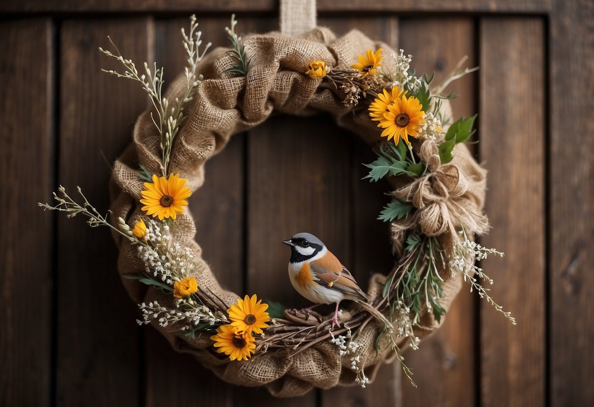 A rustic burlap wreath hangs on a wooden door, adorned with dried flowers, twigs, and a small bird's nest