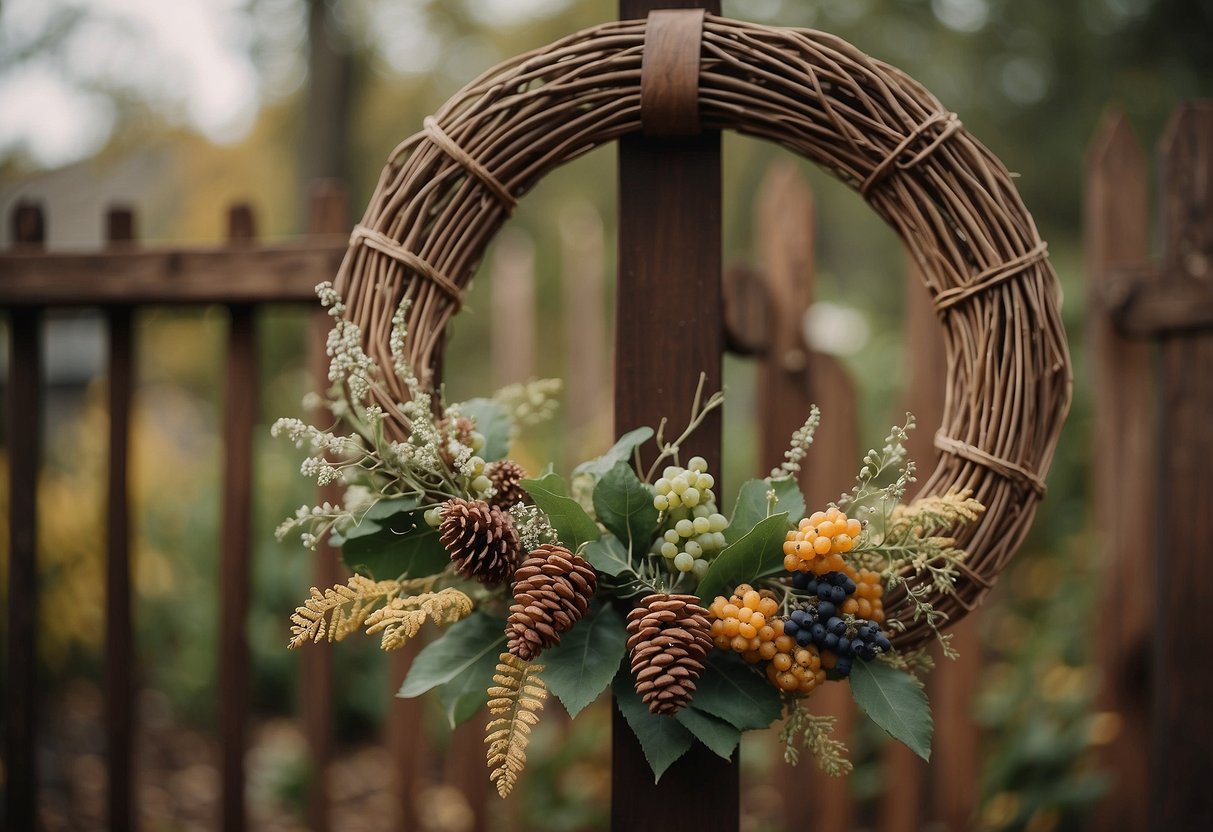 A vintage grapevine wreath hangs on a wooden garden gate, adorned with dried flowers, leaves, and berries, creating a rustic and charming display