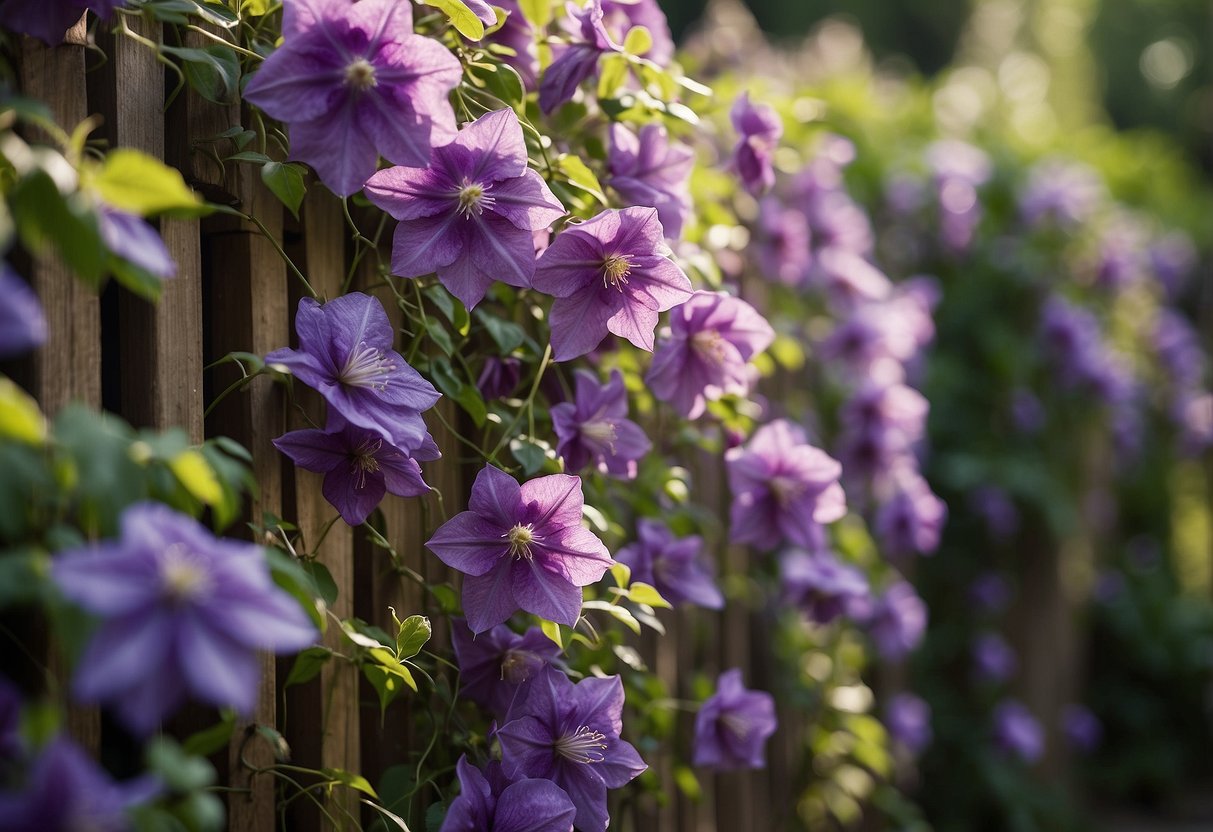 A garden filled with vibrant violet Queen Clematis flowers cascading over a rustic trellis, creating a picturesque and enchanting scene