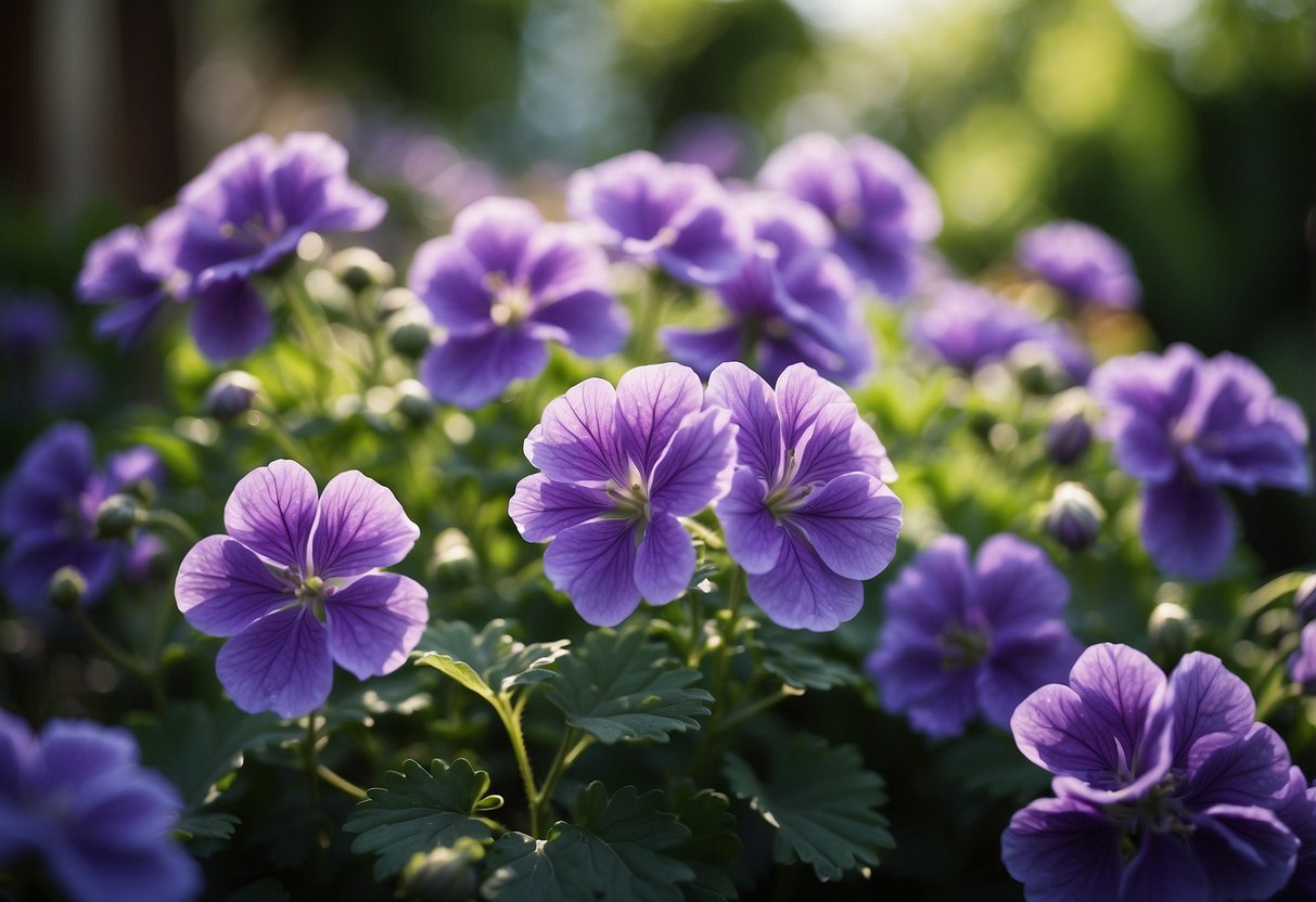 A lush garden filled with vibrant purple geraniums, creating a regal and elegant atmosphere