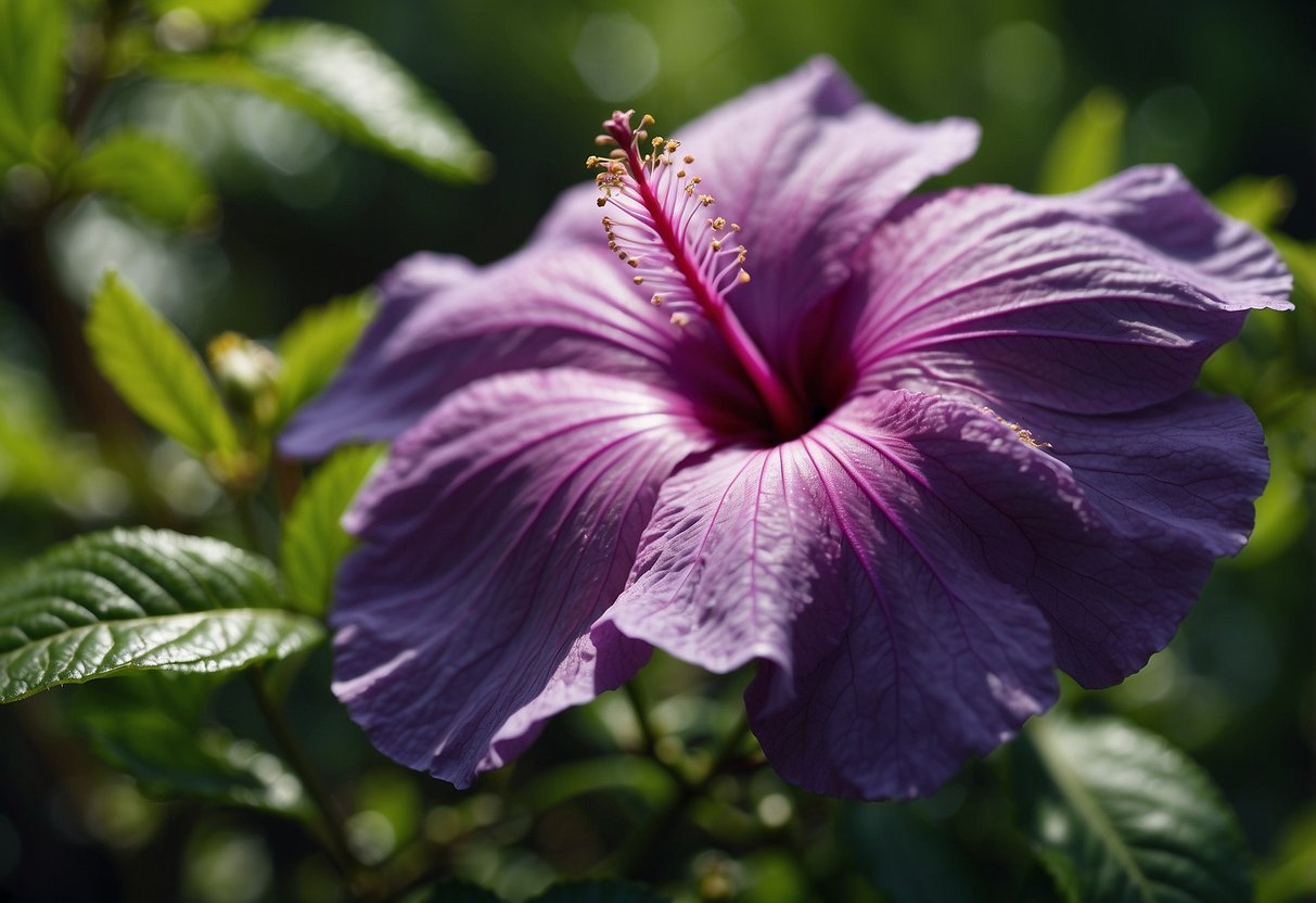 Lush garden filled with vibrant Plum Crazy Hibiscus flowers in various shades of purple, surrounded by lush green foliage and buzzing with pollinators