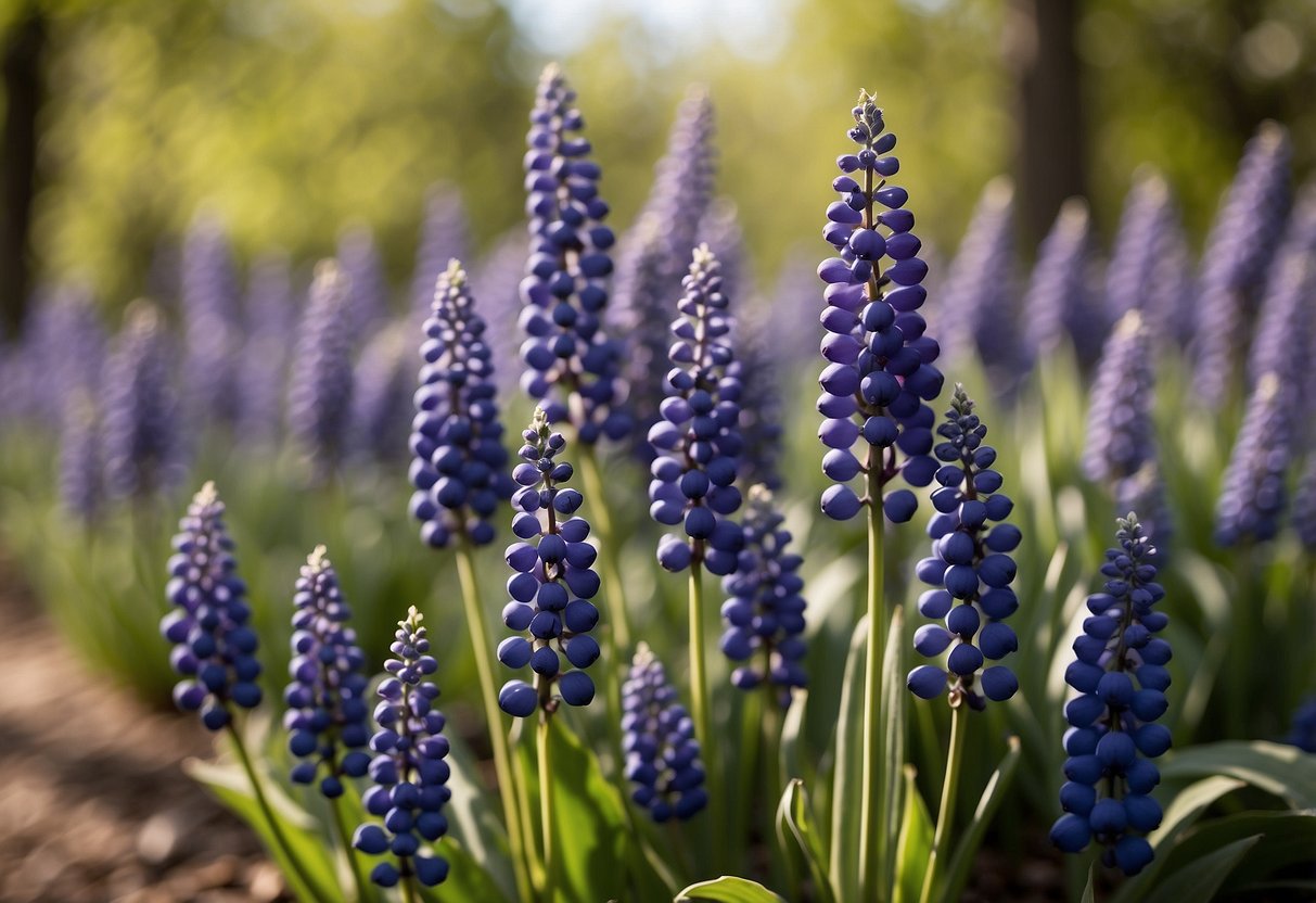 A lush garden filled with vibrant Concord Grape Hyacinths in various shades of purple, creating a stunning display of color and fragrance