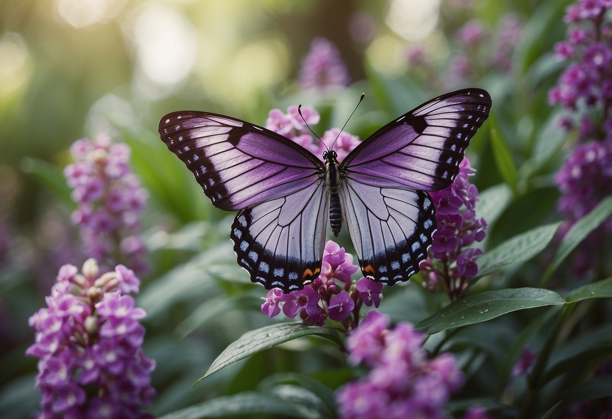 A lush garden filled with purple butterfly bushes and delicate orchids, creating a delightful and serene scene