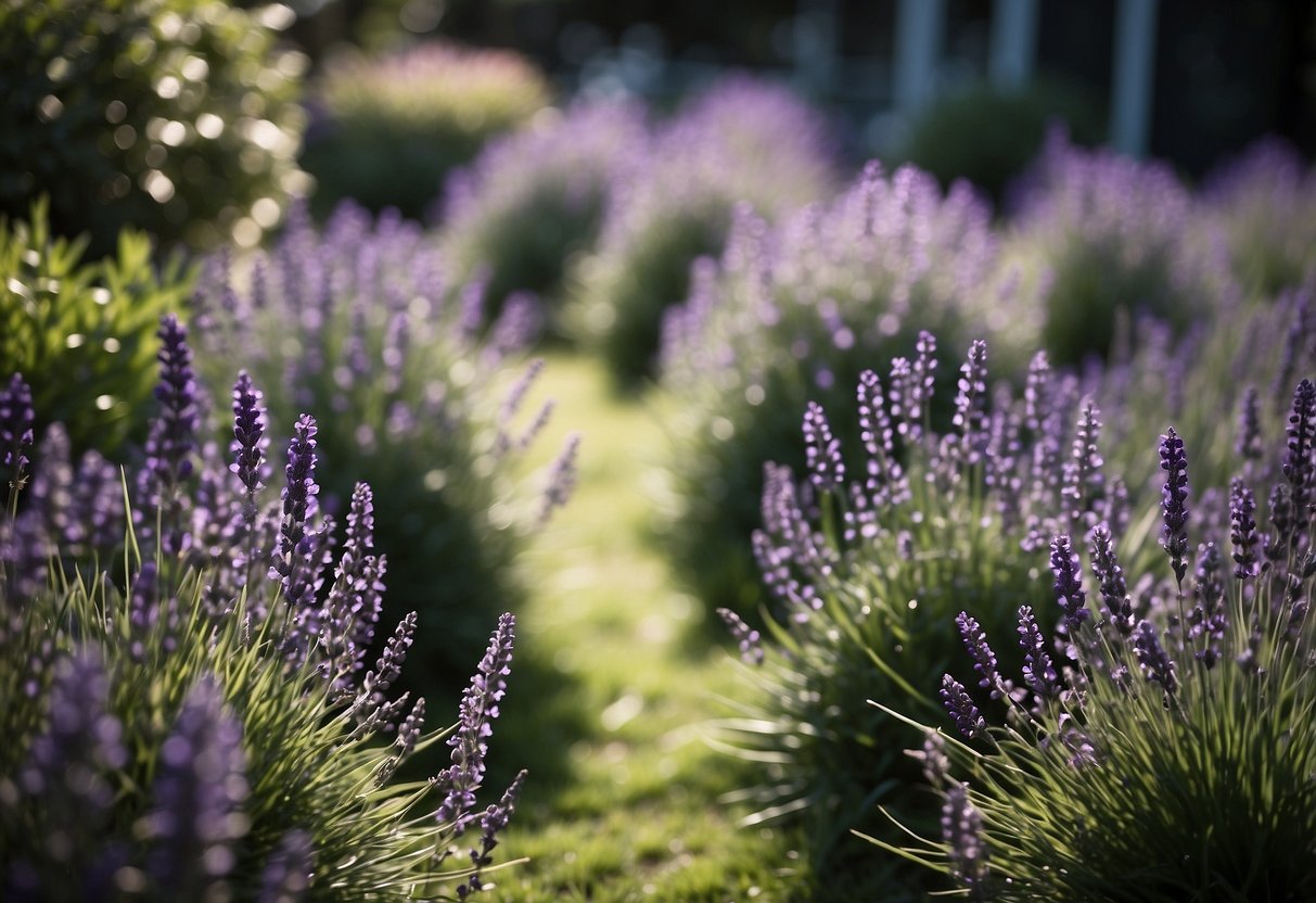 A lush purple garden with various shades of lavender and violet flowers arranged in a harmonious and balanced design, incorporating elements of symmetry and asymmetry for visual interest