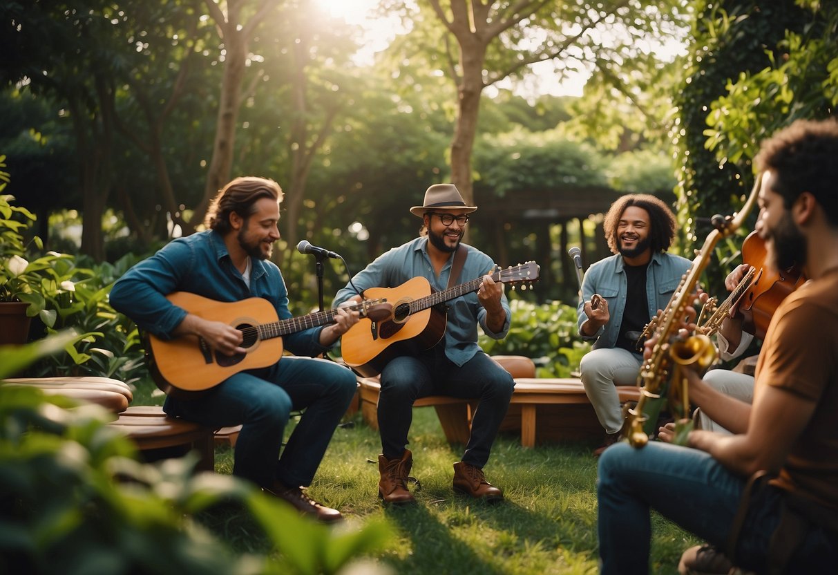 A group of musicians play instruments in a lush garden setting, surrounded by a small audience enjoying the live music jam session