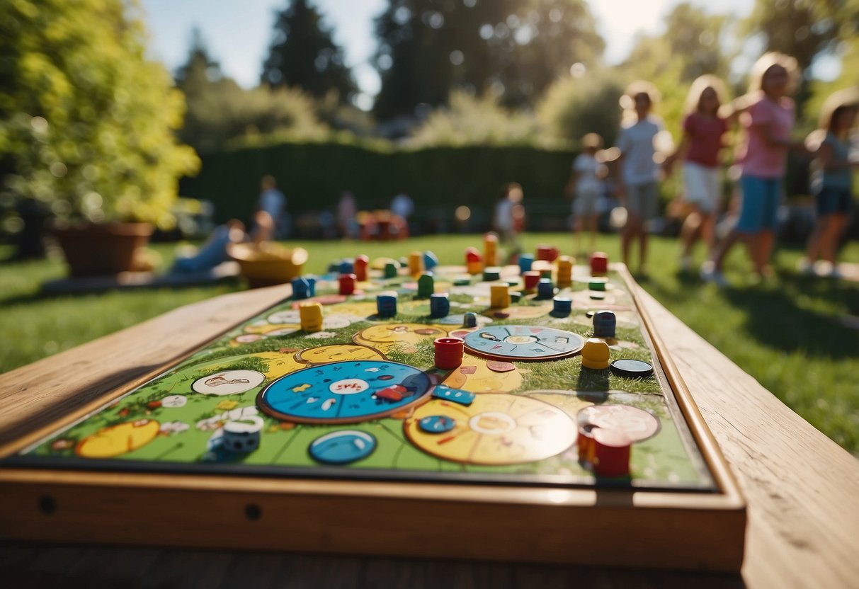 A colorful array of oversized board games scattered across a lush green garden, with families and friends gathered around, enjoying a sunny day of outdoor entertainment