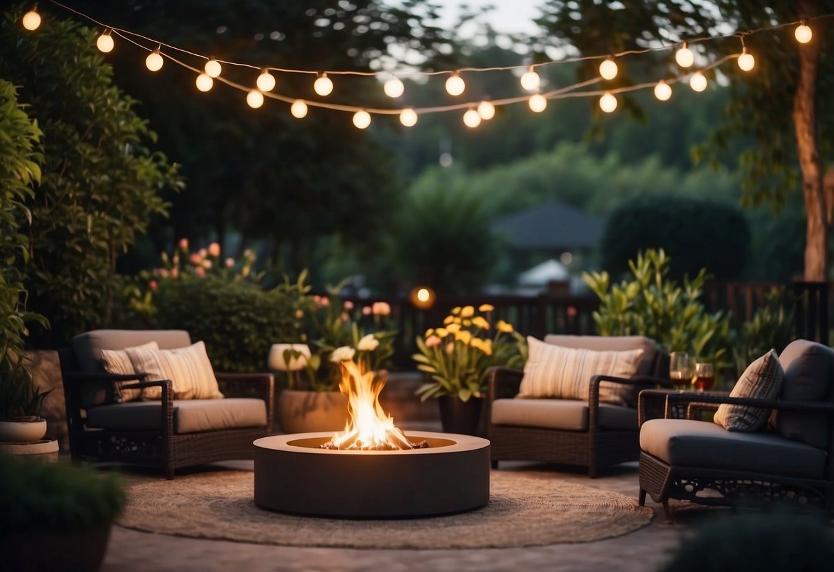 A cozy outdoor space with string lights, a fire pit, and comfortable seating. Lush greenery and colorful flowers surround the area, creating a tranquil and inviting atmosphere for garden entertainment