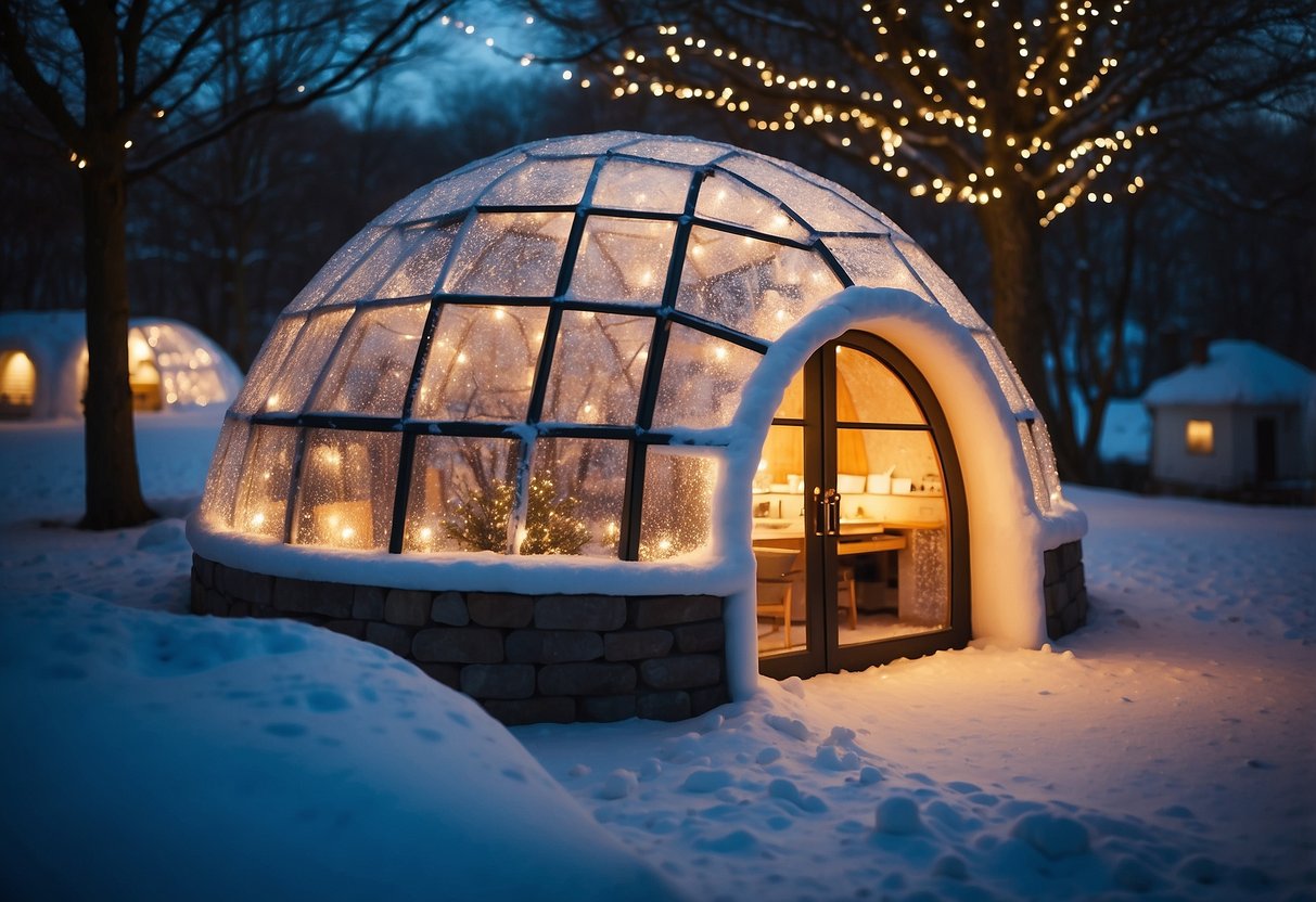 A garden igloo glows with twinkling fairy lights, creating a magical and enchanting atmosphere