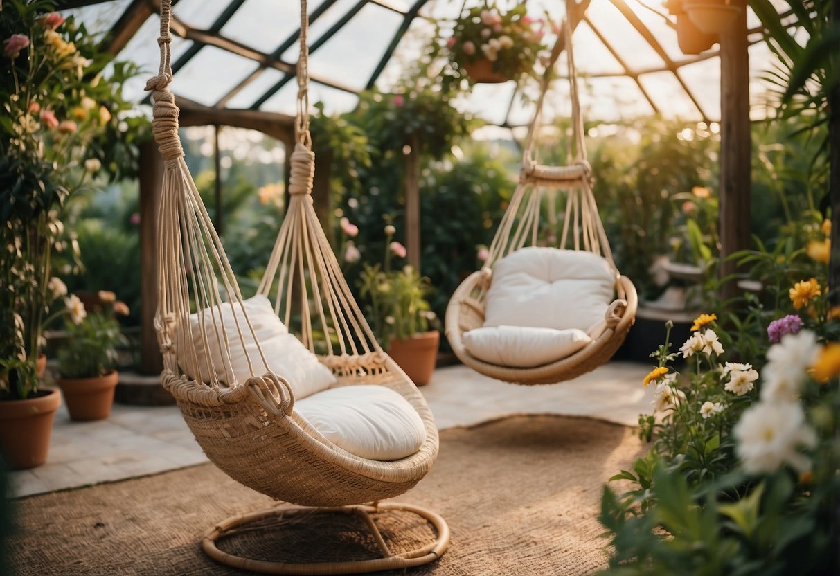 Two hanging hammock chairs inside a garden igloo, surrounded by lush greenery and blooming flowers