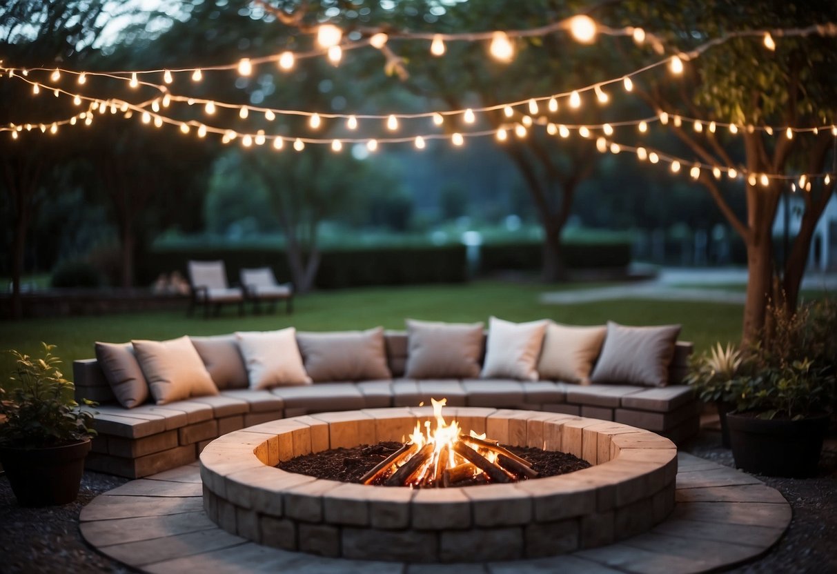 A fire pit sits in the center of a garden igloo, surrounded by cozy seating and twinkling string lights