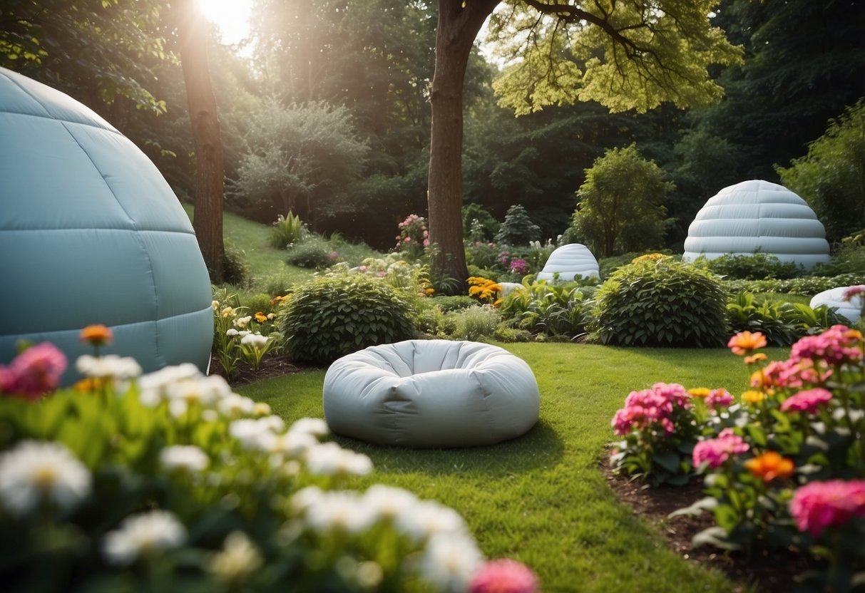 Bean bags scattered in a lush garden, surrounding a cozy igloo. Trees and flowers create a serene backdrop for outdoor relaxation