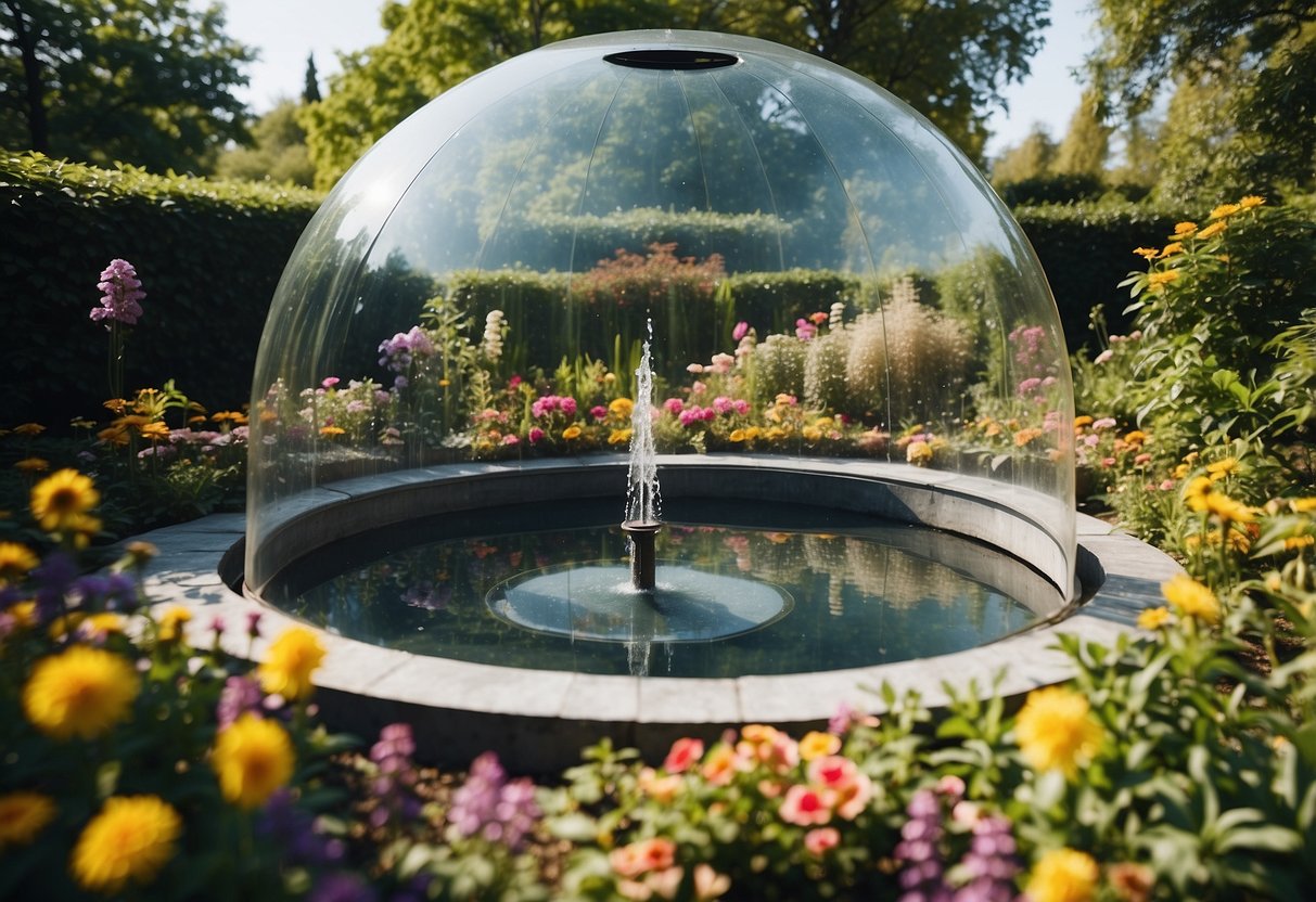 A lush garden with a solar-powered fountain inside a transparent igloo, surrounded by vibrant flowers and greenery