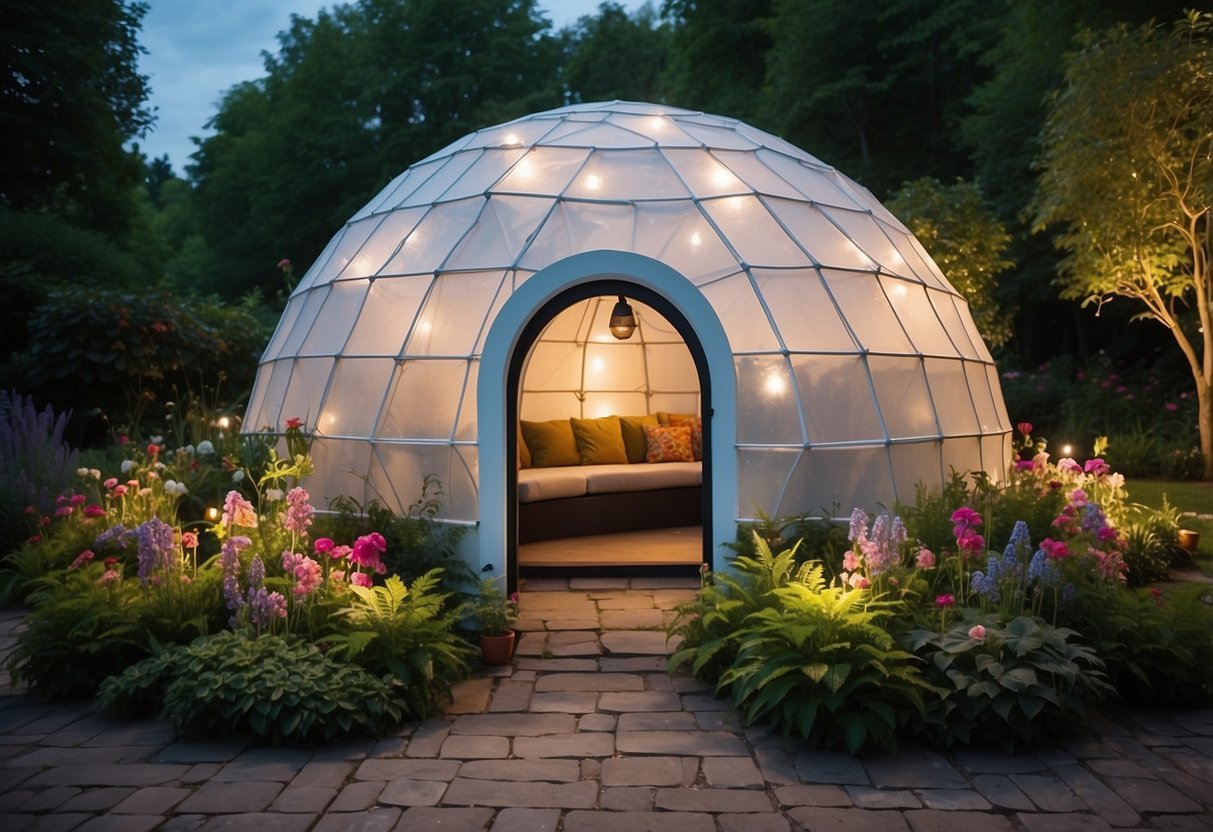 A garden igloo sits in a lush green space, surrounded by colorful flowers and plants. A projection screen is set up inside, ready for movie nights under the stars