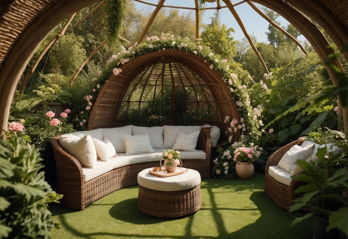 A wicker furniture set arranged inside a garden igloo, surrounded by lush greenery and blooming flowers