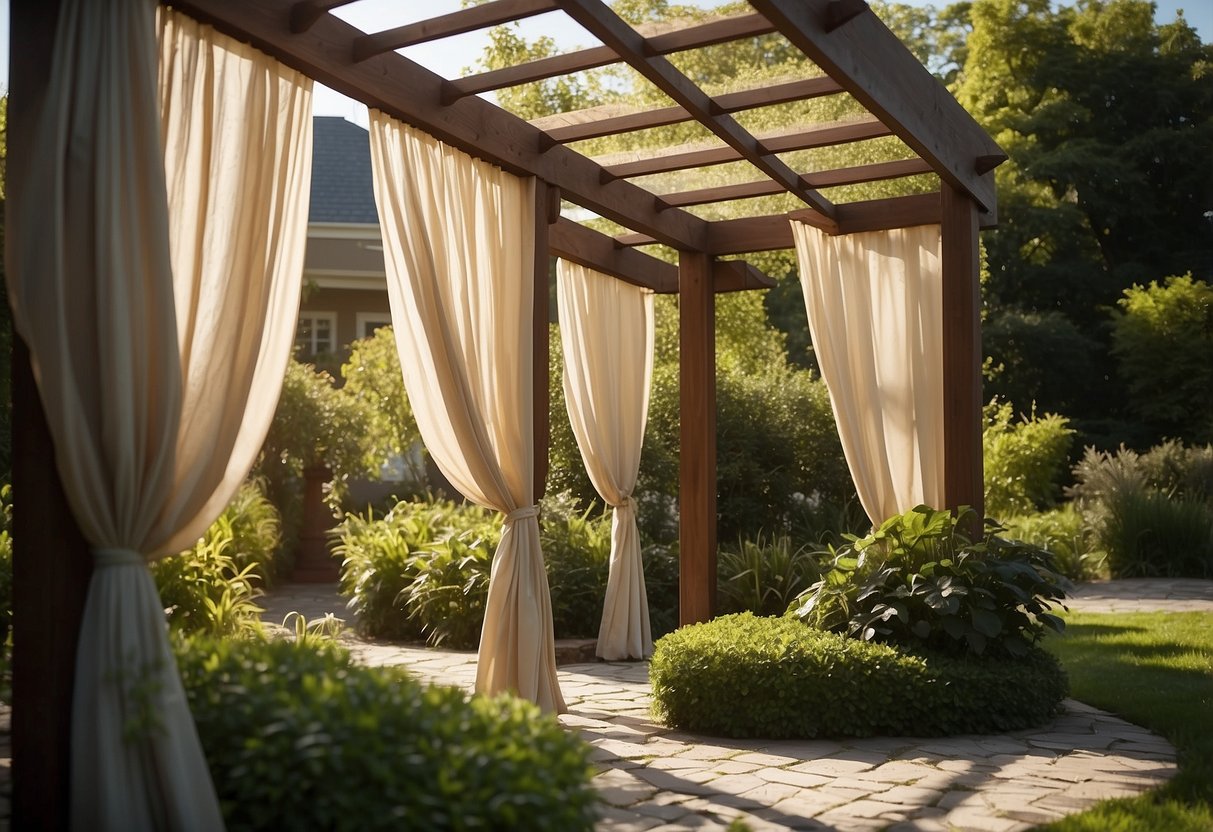 A pergola stands in a lush garden, draped with flowing fabric to create privacy and block out neighboring views