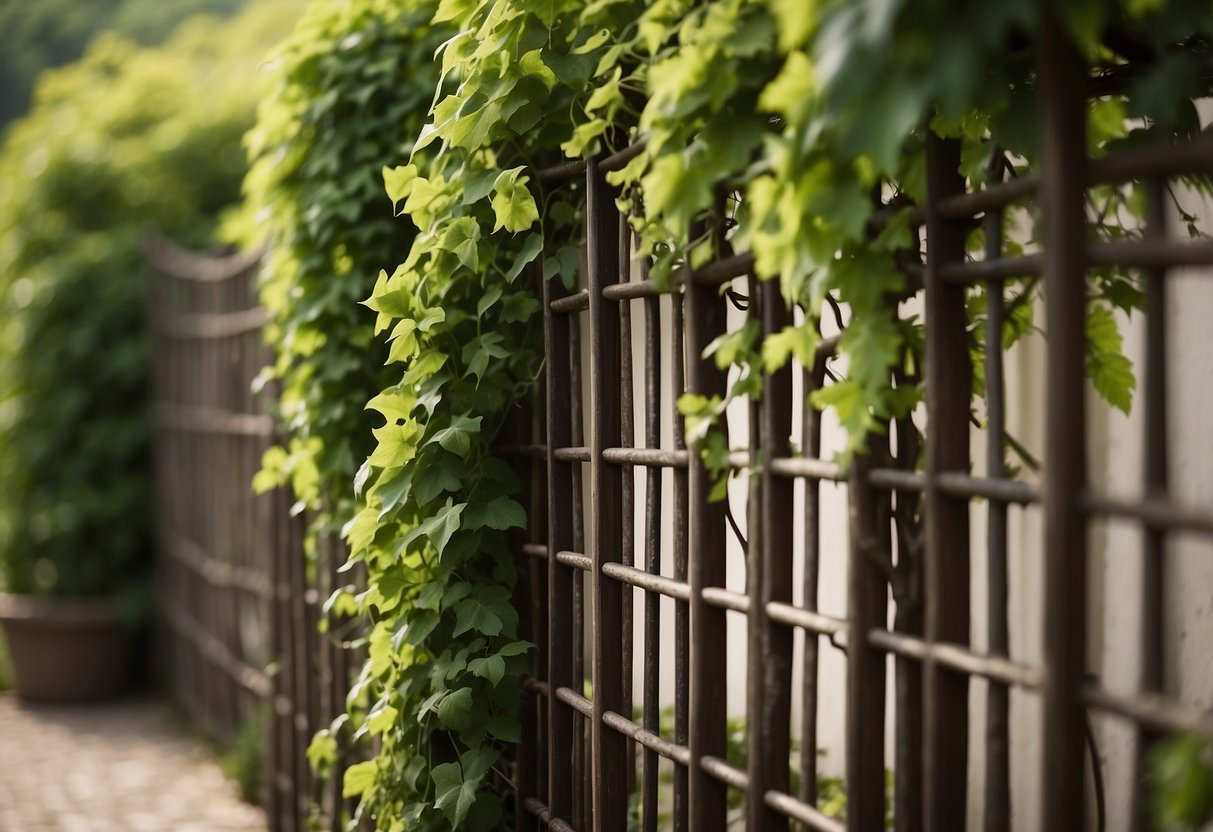 Lush green vines climb a wooden trellis, creating a natural barrier to block out neighboring views in a peaceful garden setting