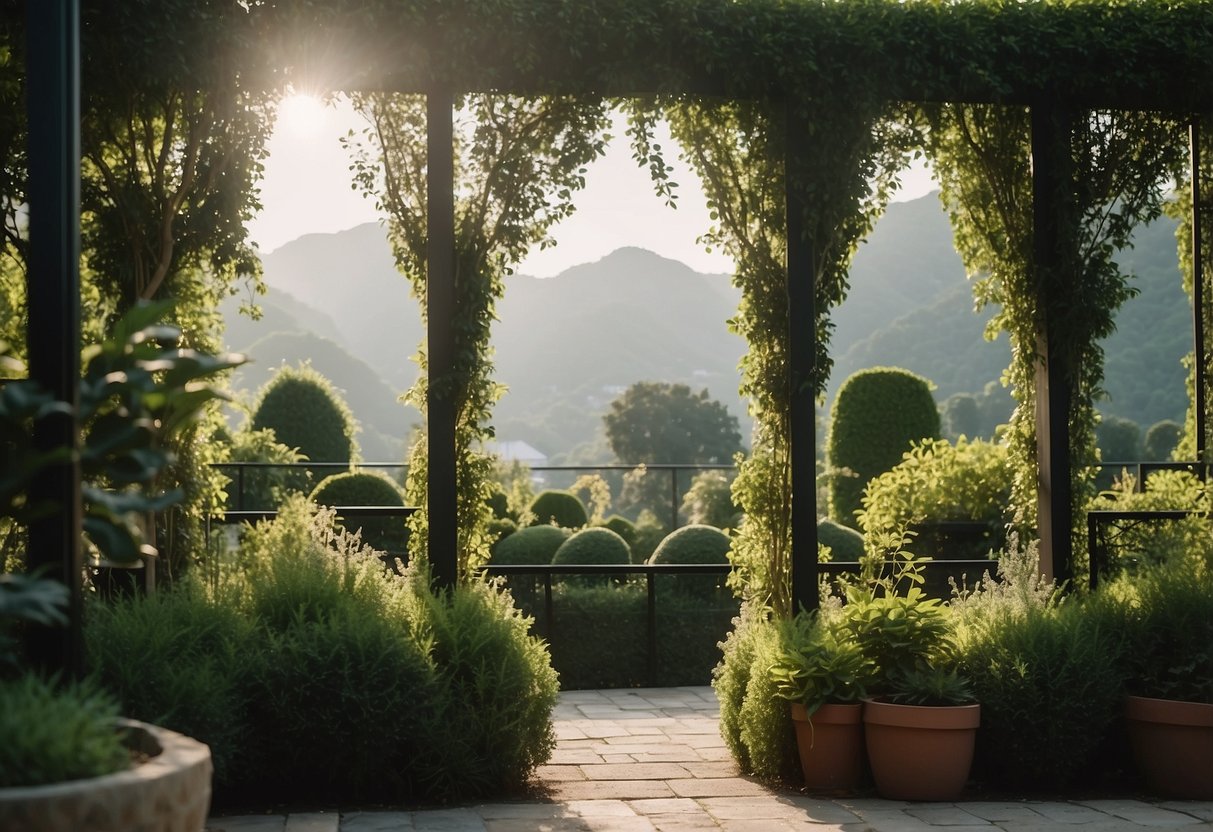 A lush garden with tall hedges and trellises, creating a natural barrier to block out neighboring views. Decorative screens and strategically placed plants add privacy and tranquility