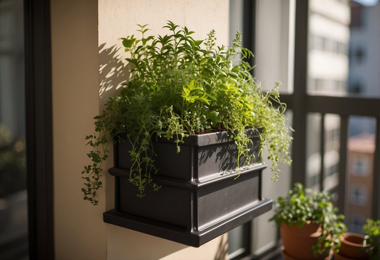 A tall, narrow planter hangs on a sunny balcony, filled with a variety of herbs growing vertically. The space-saving garden is surrounded by potted plants and small decorative elements