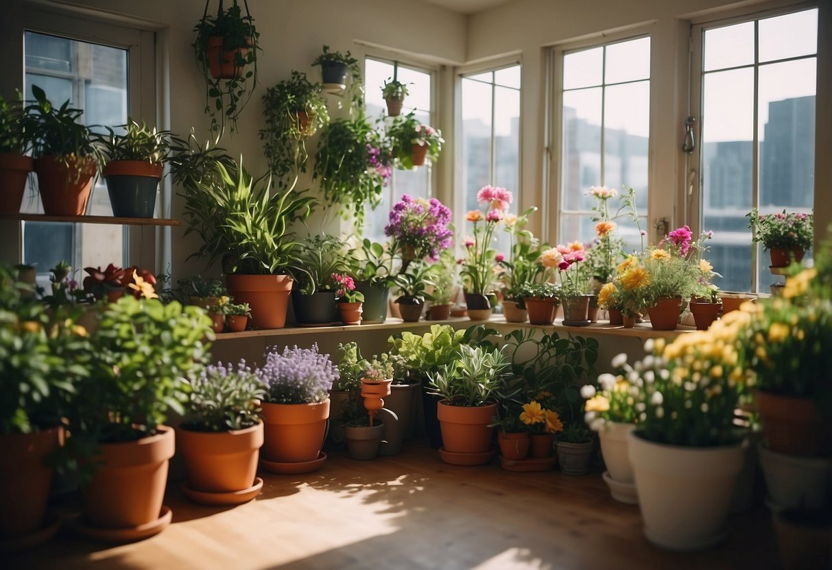 A cozy apartment corner with a variety of potted plants, hanging planters, and colorful flowers creating a vibrant indoor flower patch garden