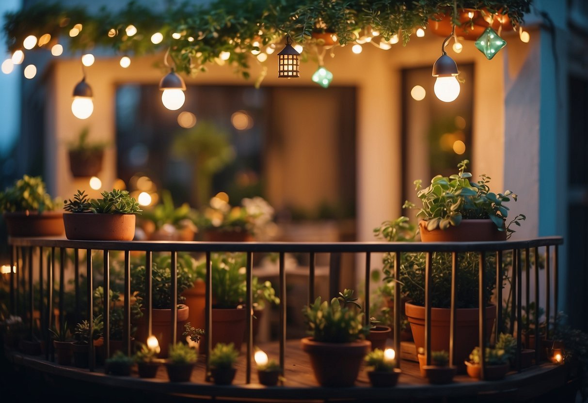 A small balcony with potted plants arranged in a whimsical and enchanted manner, with fairy lights, miniature furniture, and tiny decorations creating a magical fairy garden atmosphere