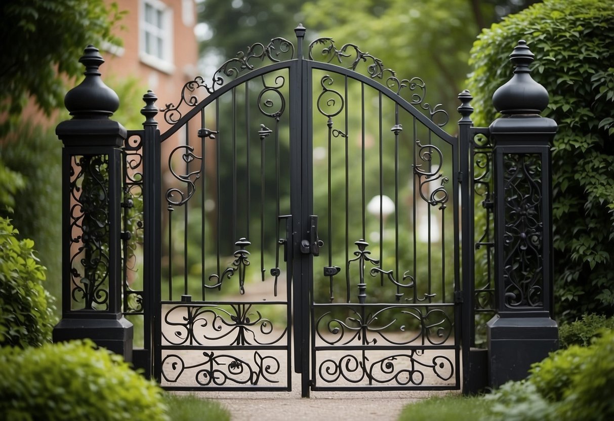 A wrought iron garden gate stands tall, adorned with intricate scrollwork and surrounded by lush greenery